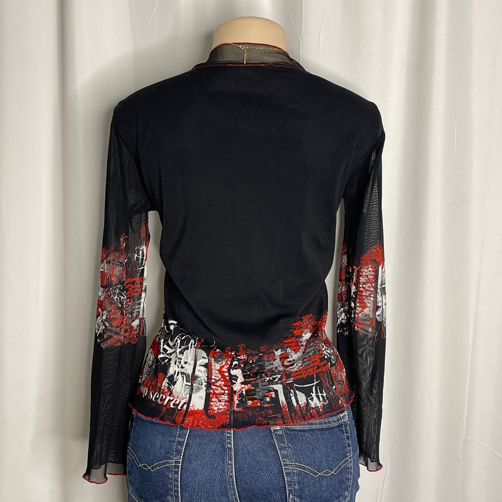Graphic print sheer mesh top