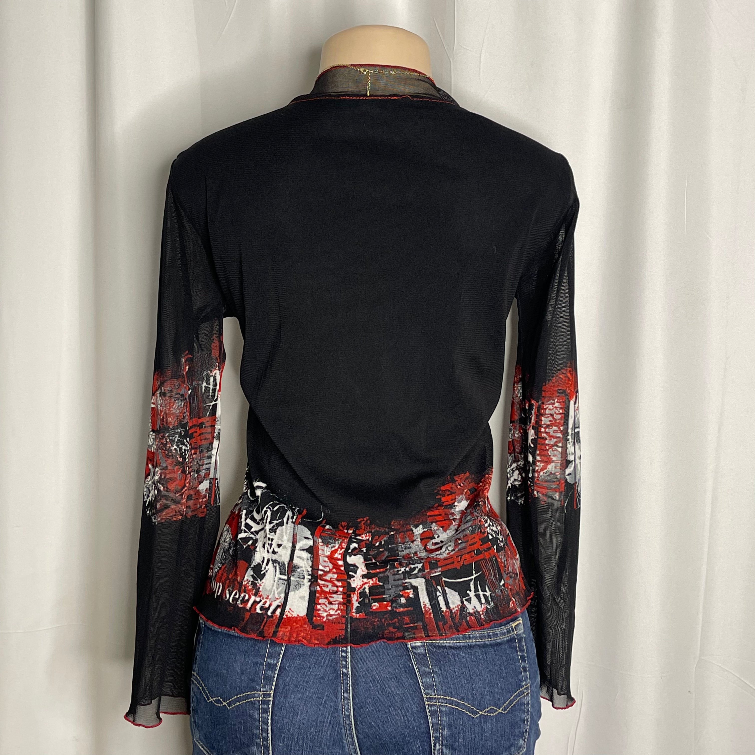 Graphic print sheer mesh top