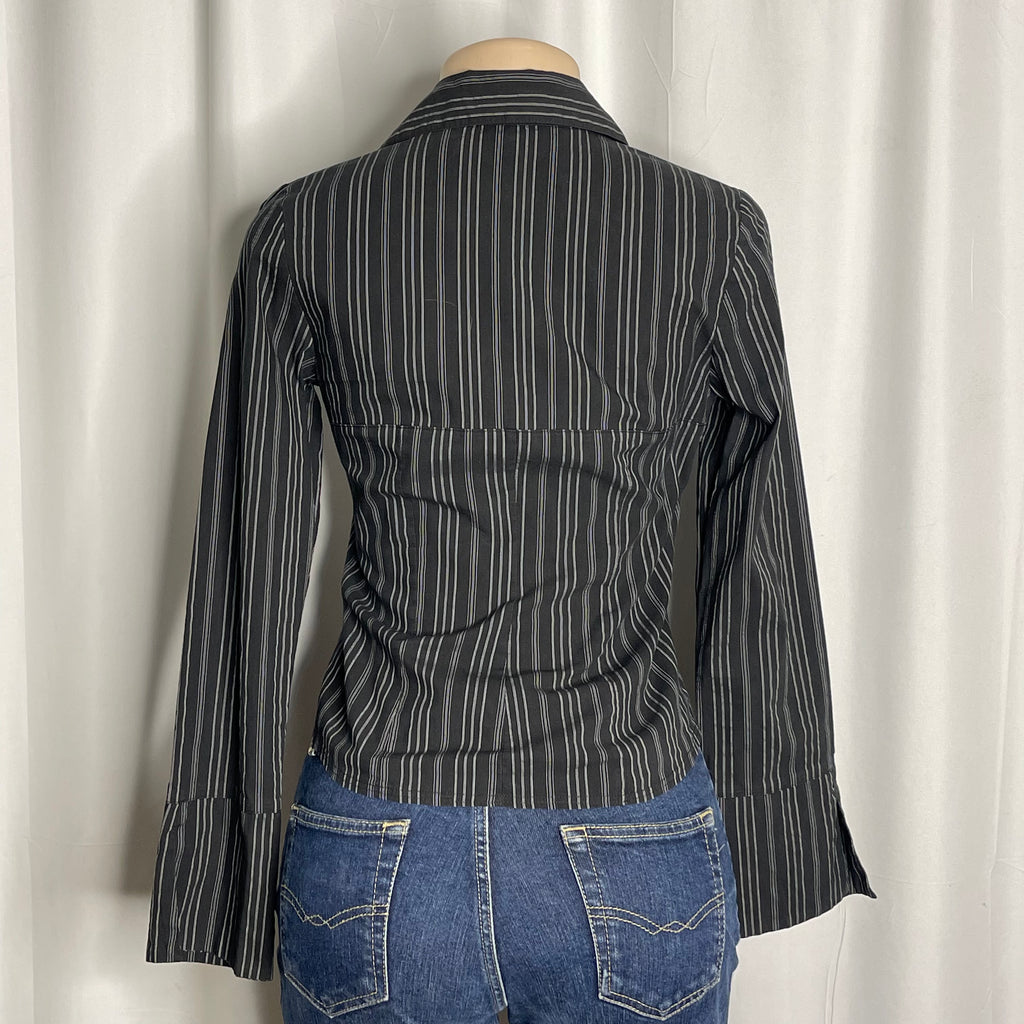 VintageY2K-style pinstripe top with hook and eye closure