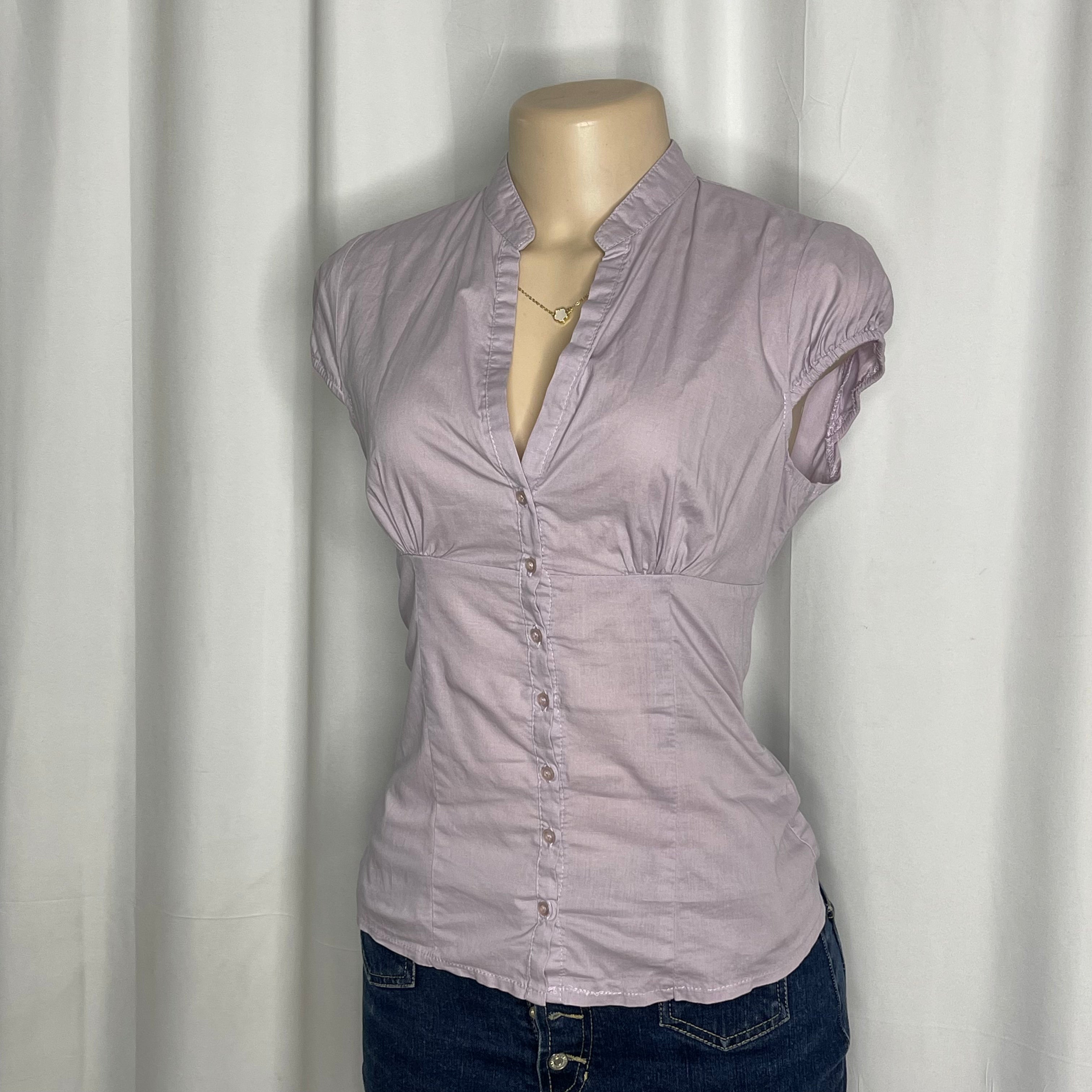 Purple button up blouse with mandarin collar and ruched bust details