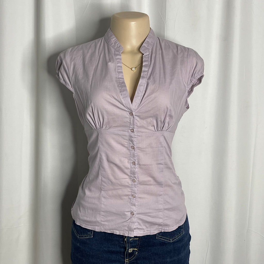 Purple button up blouse with mandarin collar and ruched bust details