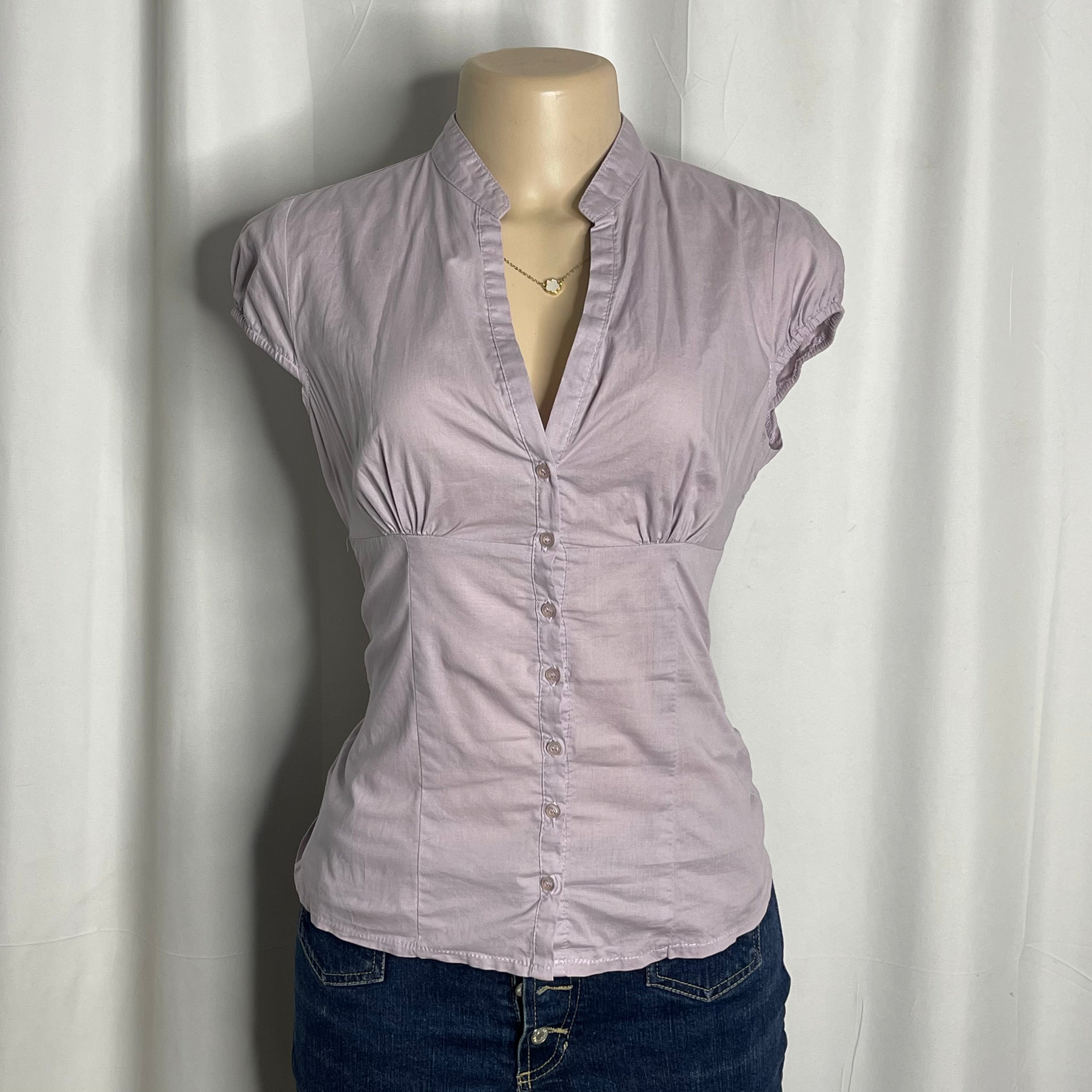 Purple button up blouse with mandarin collar and ruched bust details