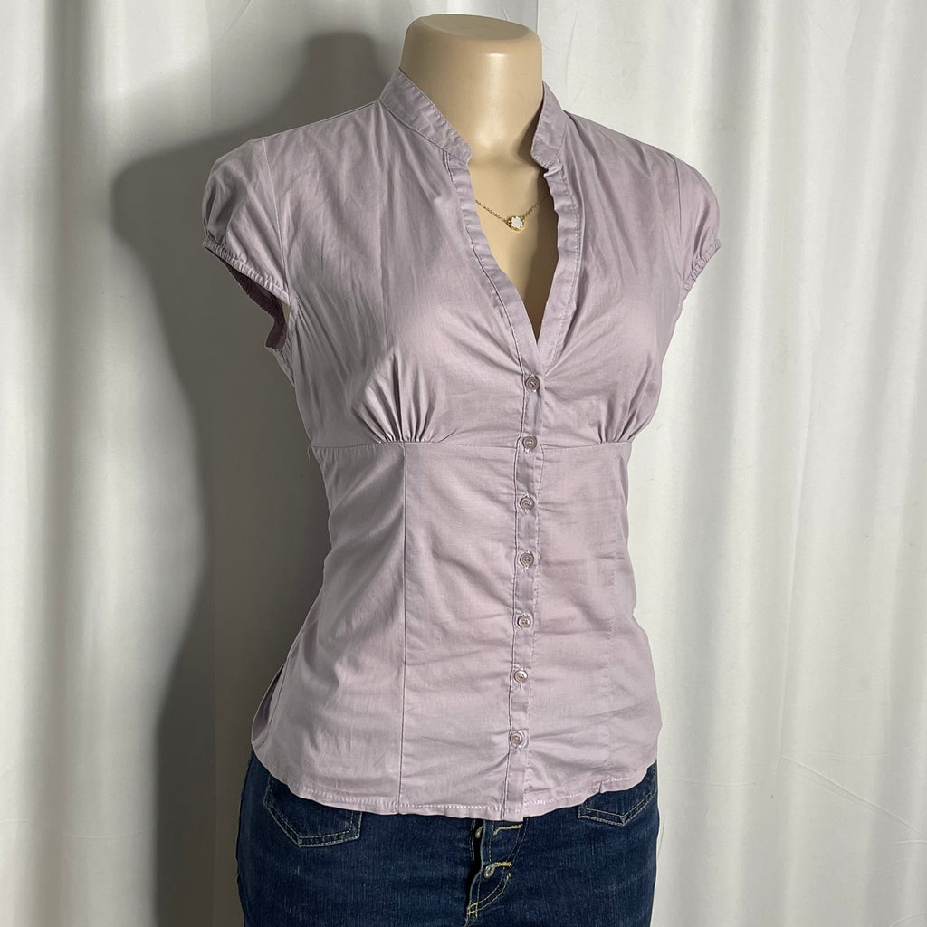 Purple button up blouse with mandarin collar and ruched bust details