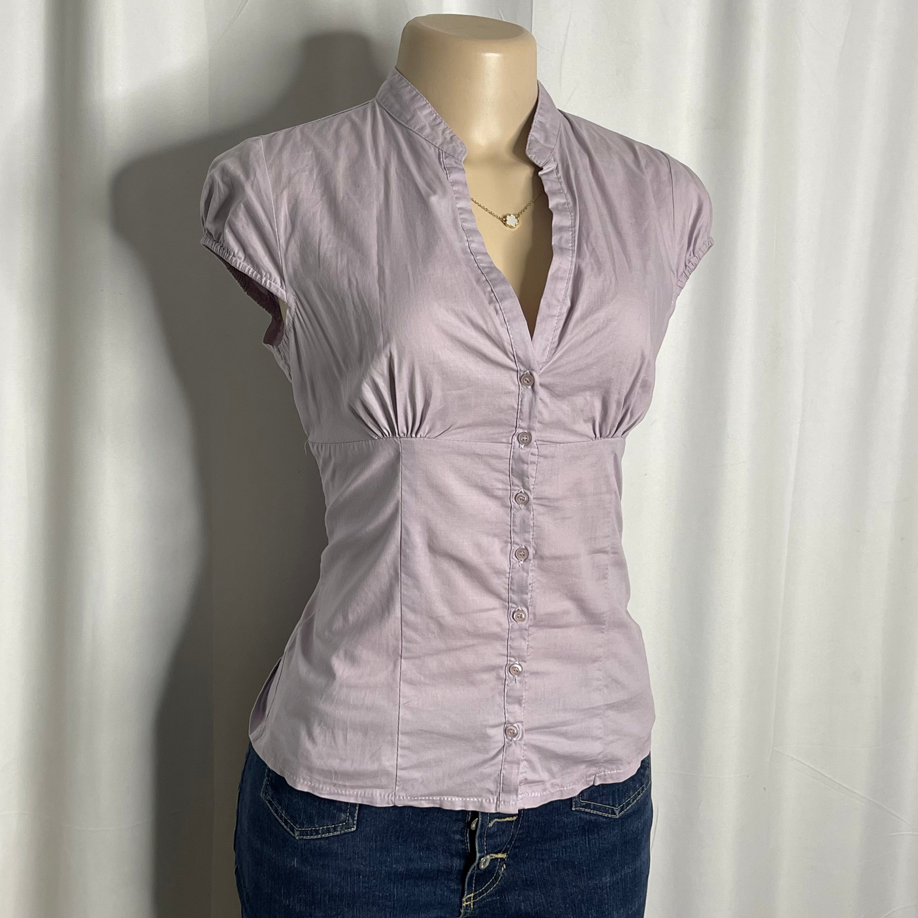 Purple button up blouse with mandarin collar and ruched bust details