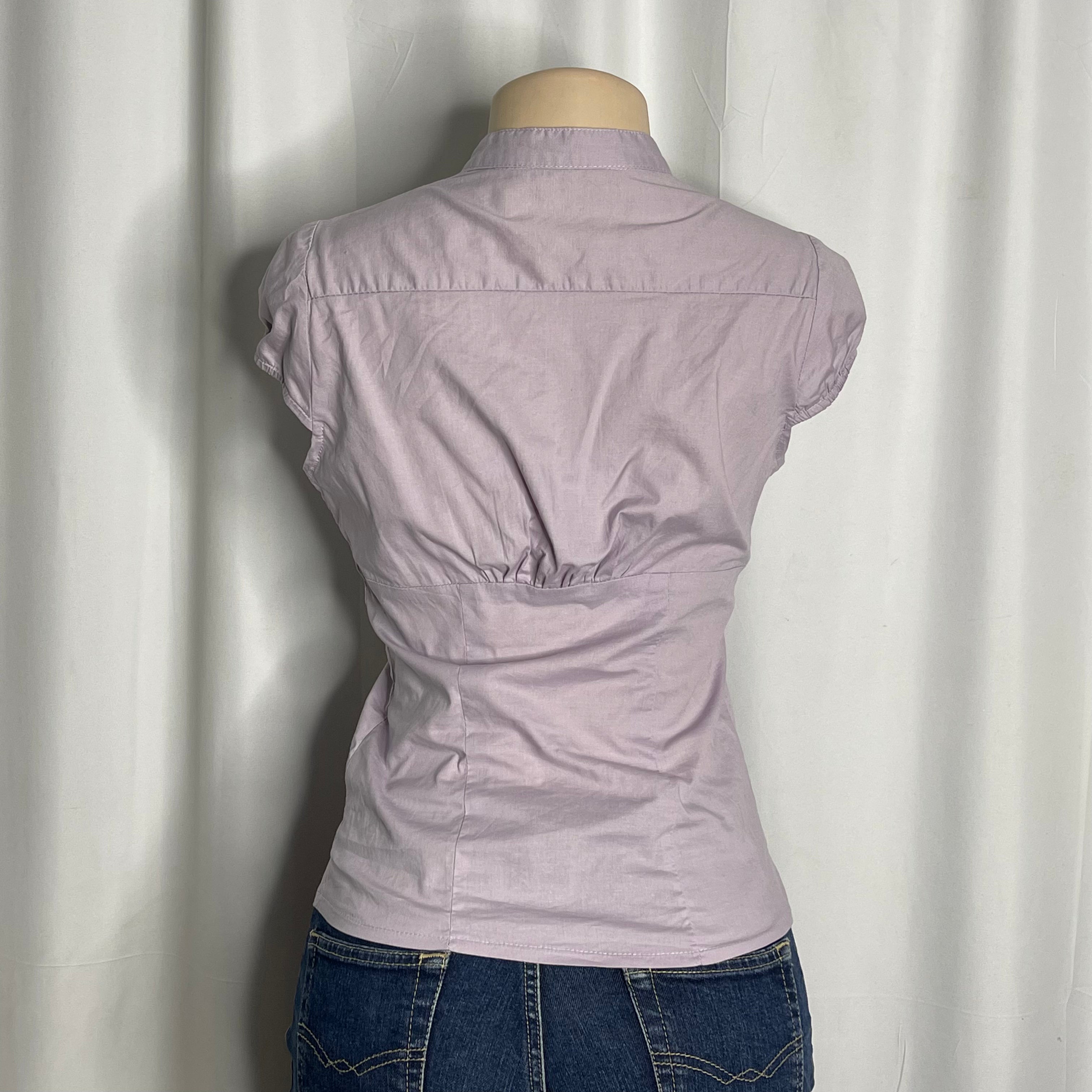 Purple button up blouse with mandarin collar and ruched bust details