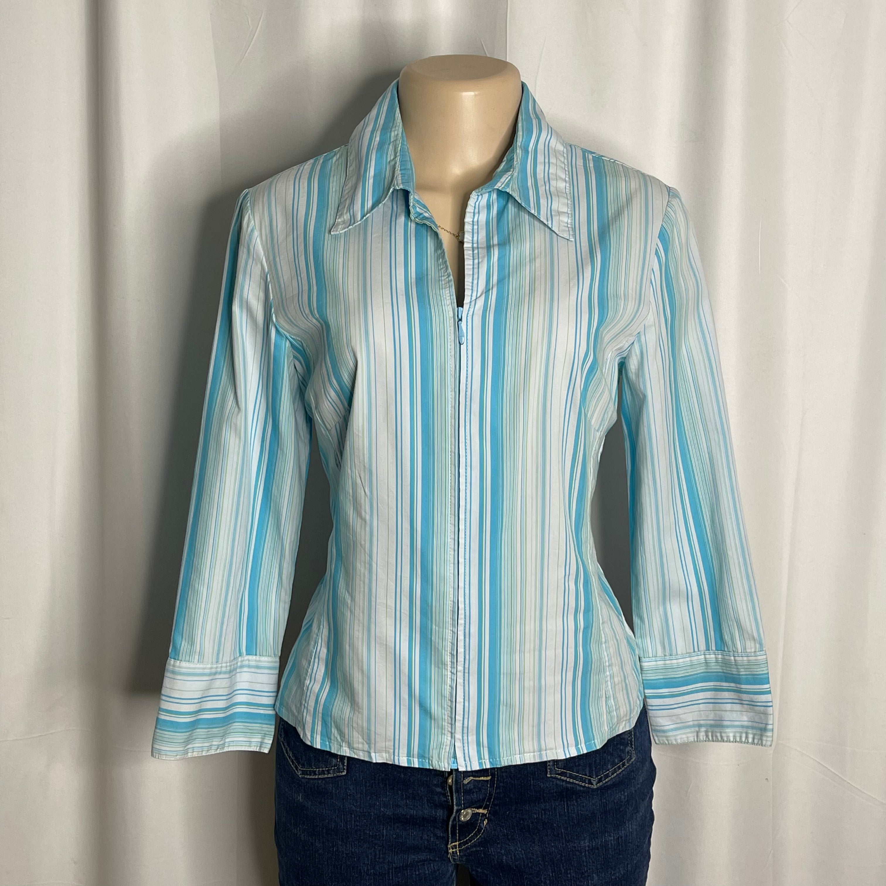 Blue and white stripes zip up shirt