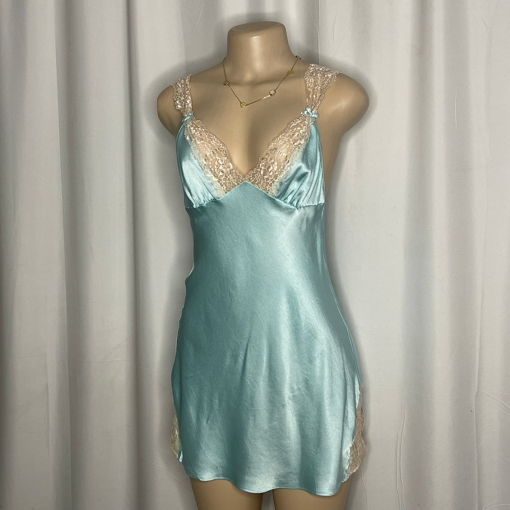 Blue satin lace trim and delicate shoulder strap lingerie dress