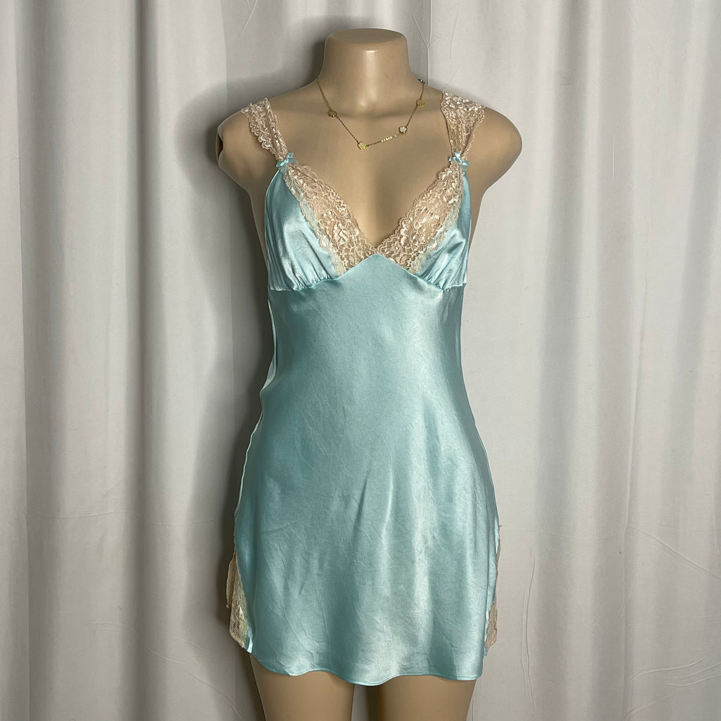 Blue satin lace trim and delicate shoulder strap lingerie dress