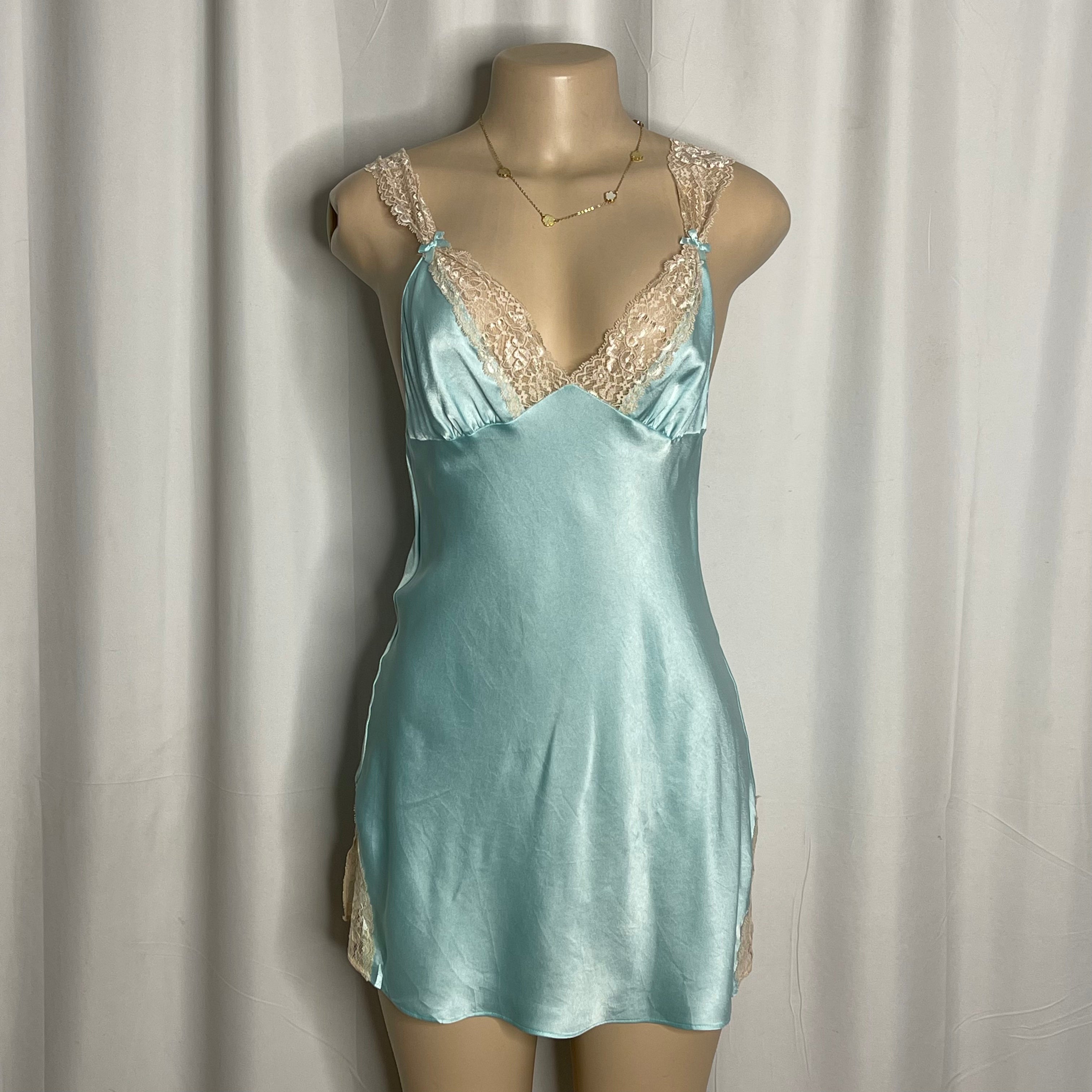 Blue satin lace trim and delicate shoulder strap lingerie dress
