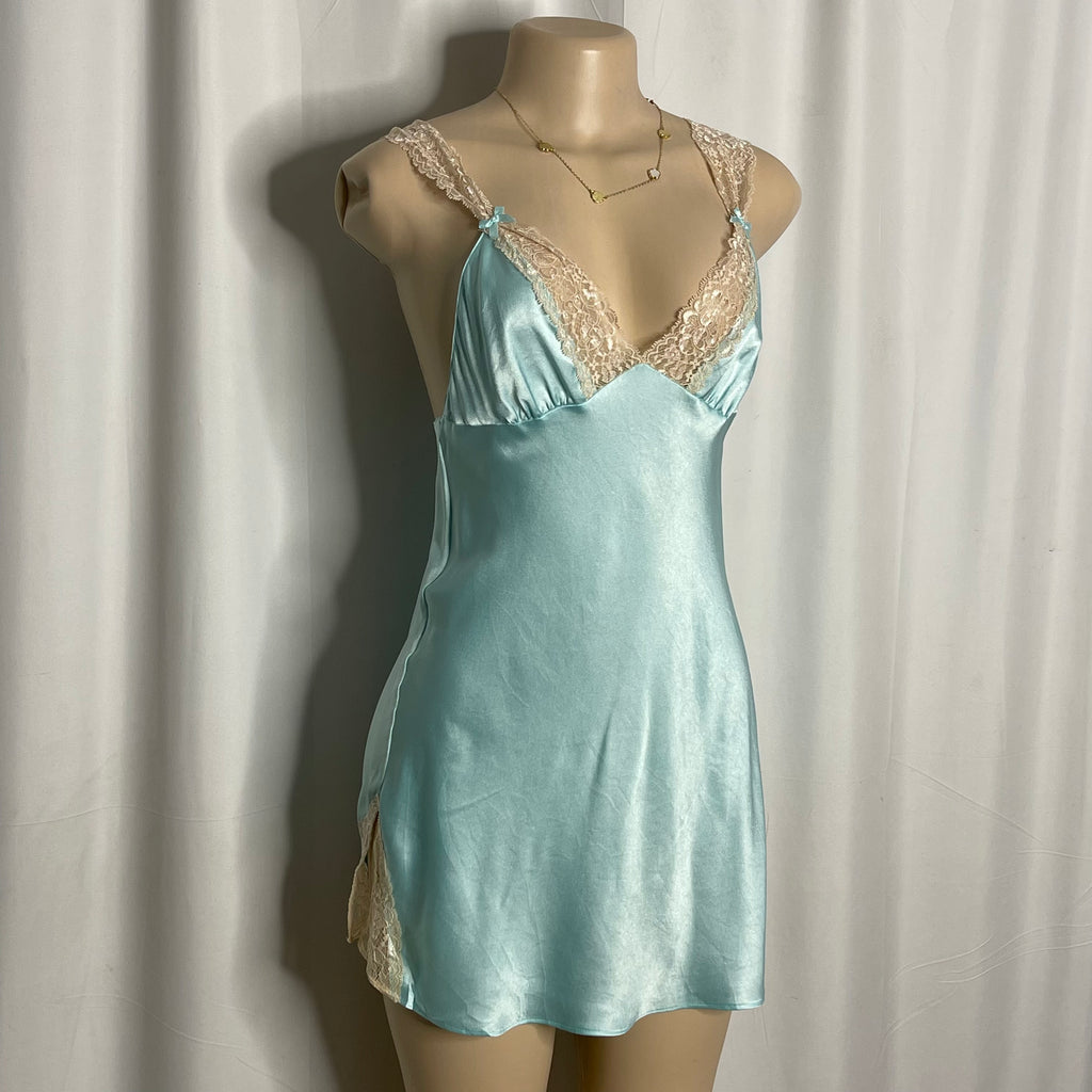 Blue satin lace trim and delicate shoulder strap lingerie dress