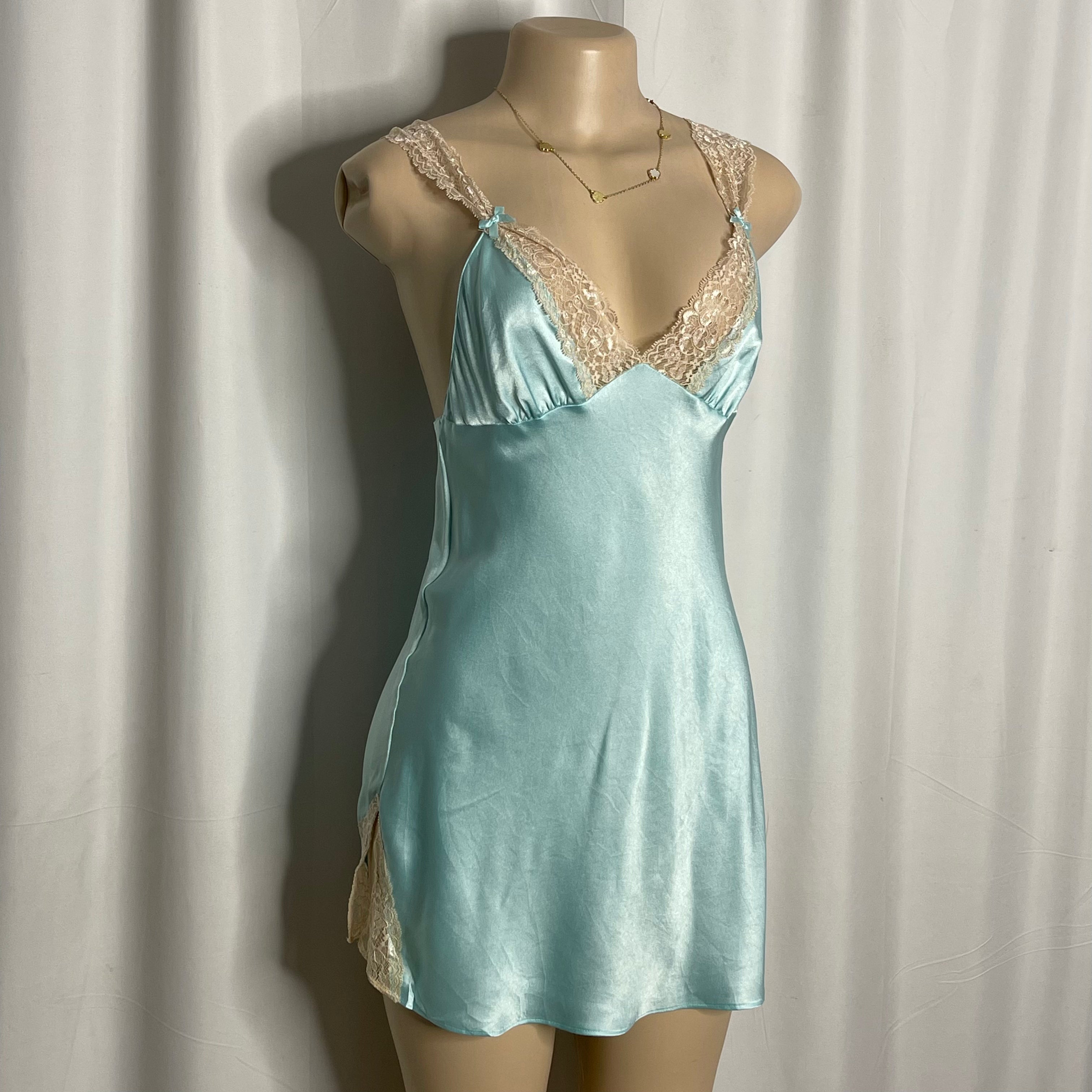 Blue satin lace trim and delicate shoulder strap lingerie dress