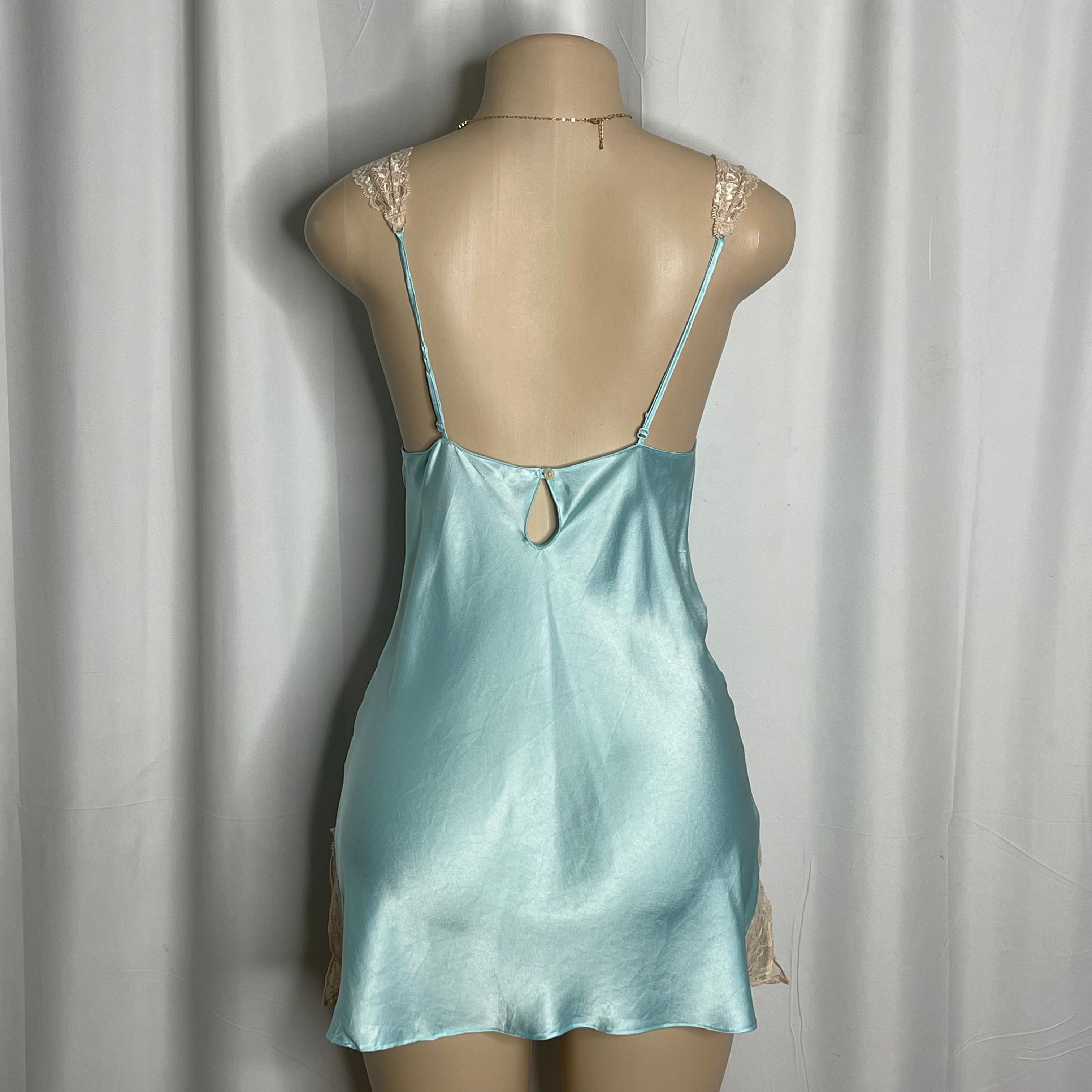 Blue satin lace trim and delicate shoulder strap lingerie dress