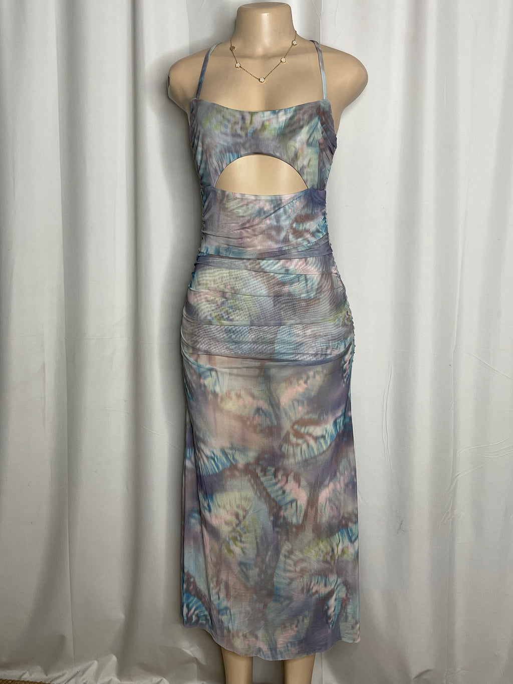 Maxi dress in the blue butterfly blur print, spaghetti straps and cut out detail