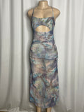 Maxi dress in the blue butterfly blur print, spaghetti straps and cut out detail