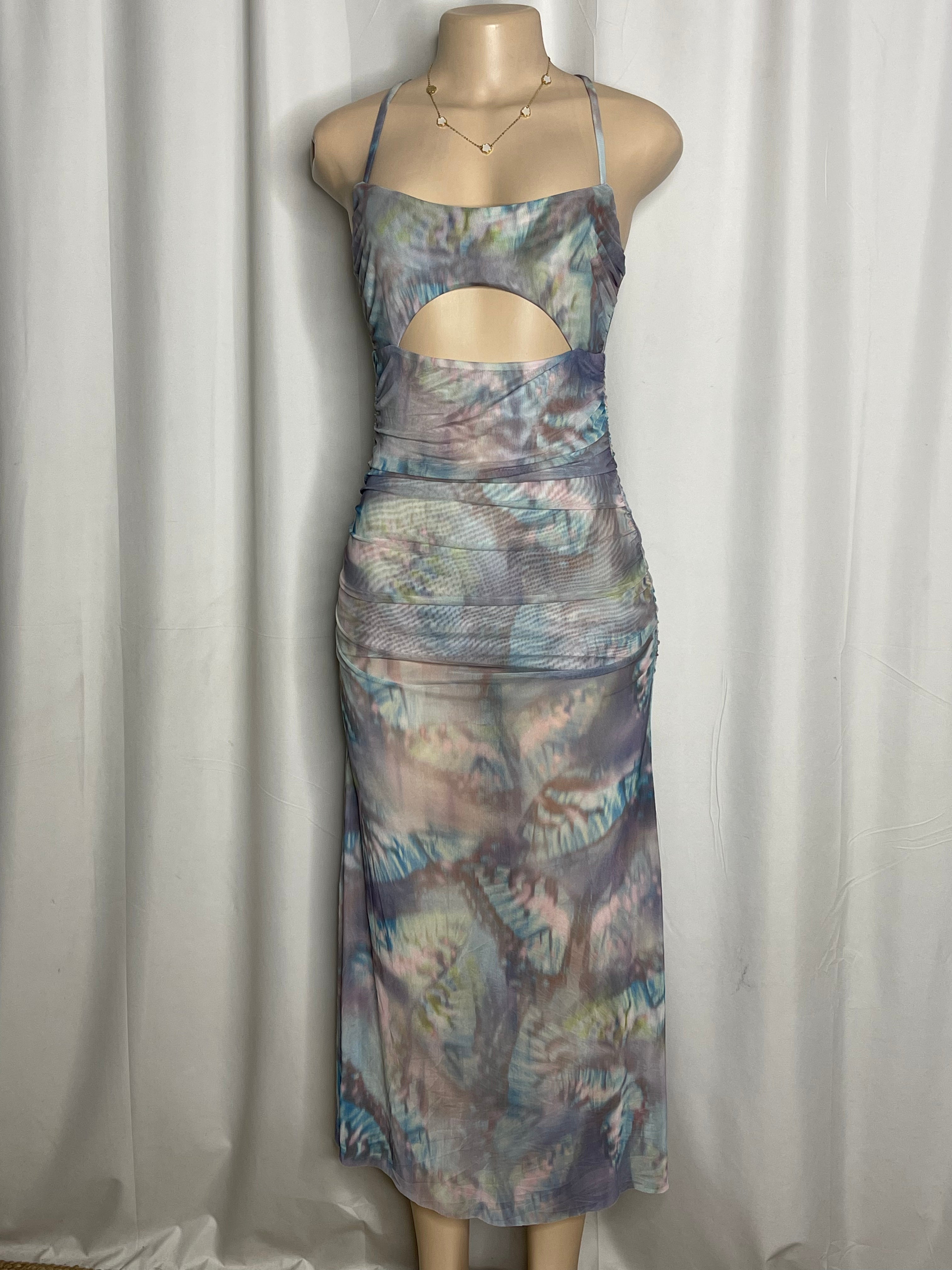Maxi dress in the blue butterfly blur print, spaghetti straps and cut out detail