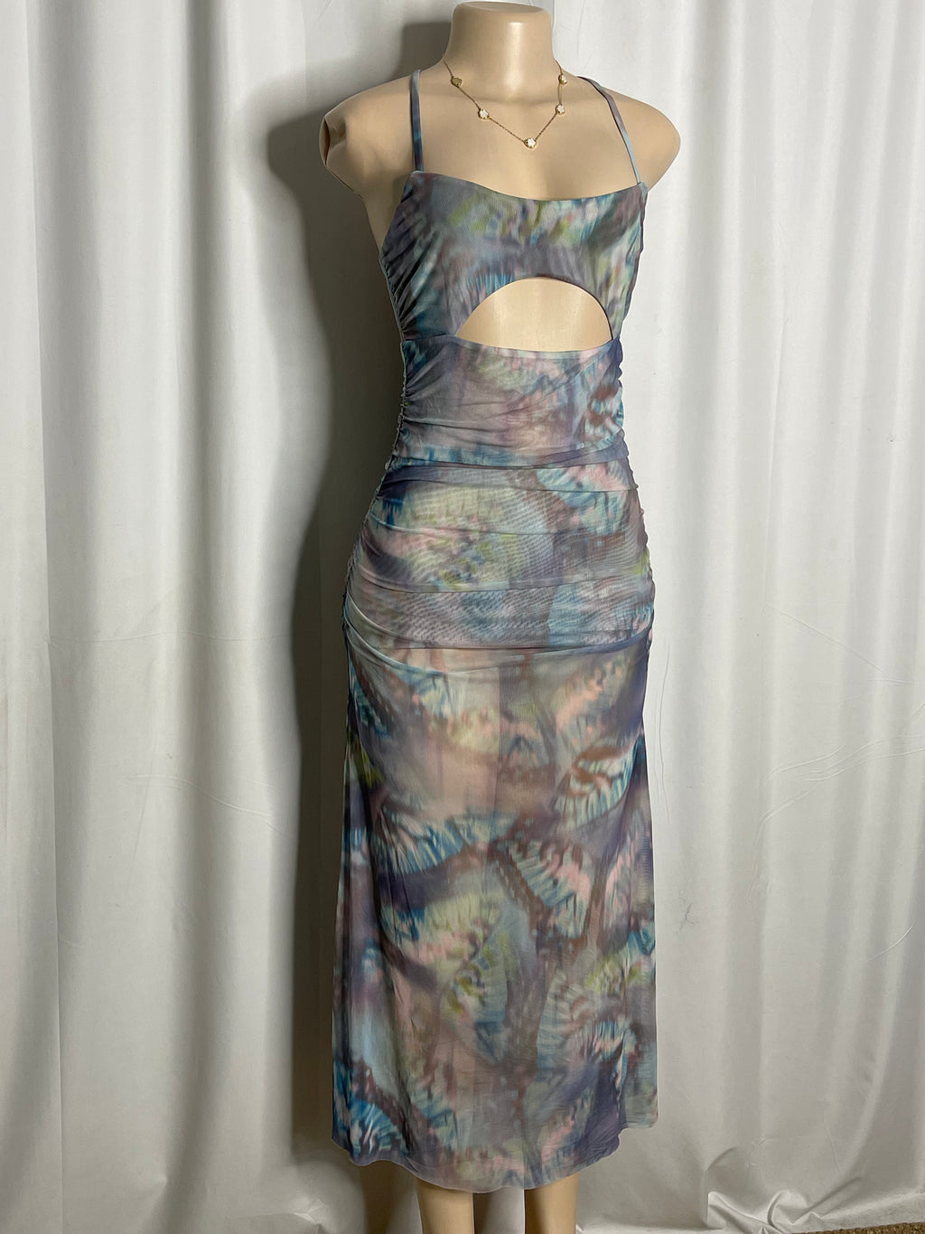 Maxi dress in the blue butterfly blur print, spaghetti straps and cut out detail