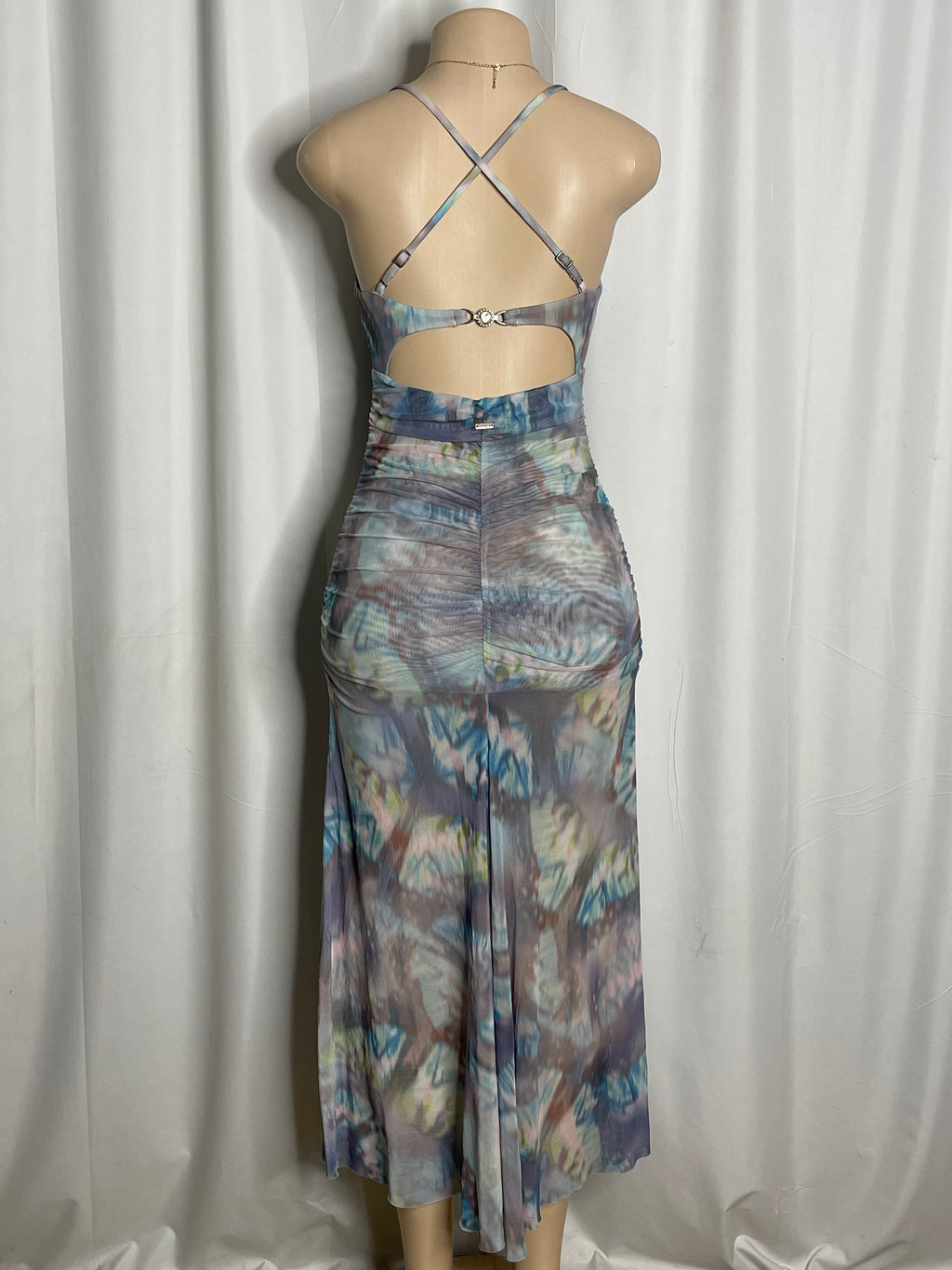 Maxi dress in the blue butterfly blur print, spaghetti straps and cut out detail