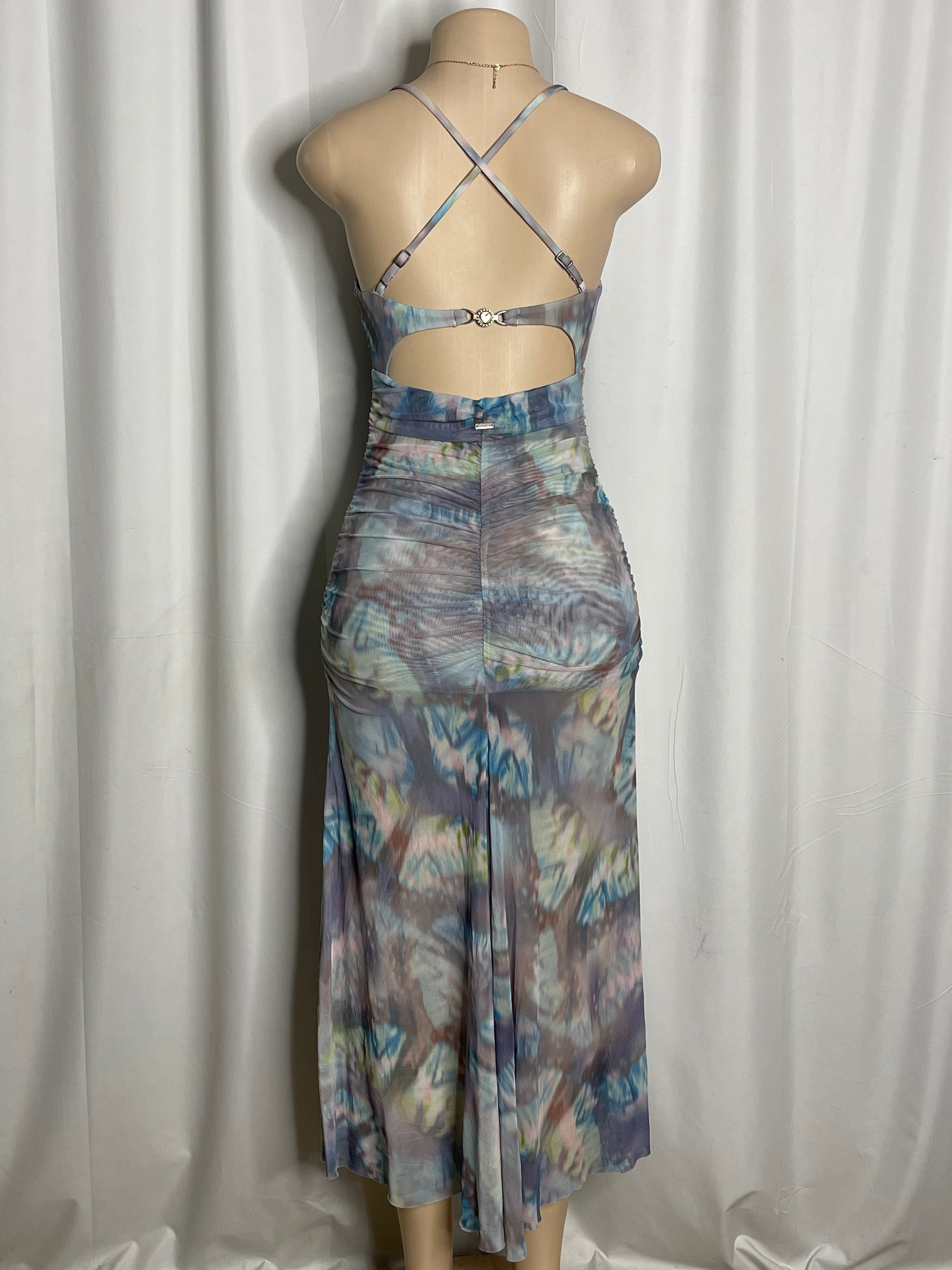 Maxi dress in the blue butterfly blur print, spaghetti straps and cut out detail