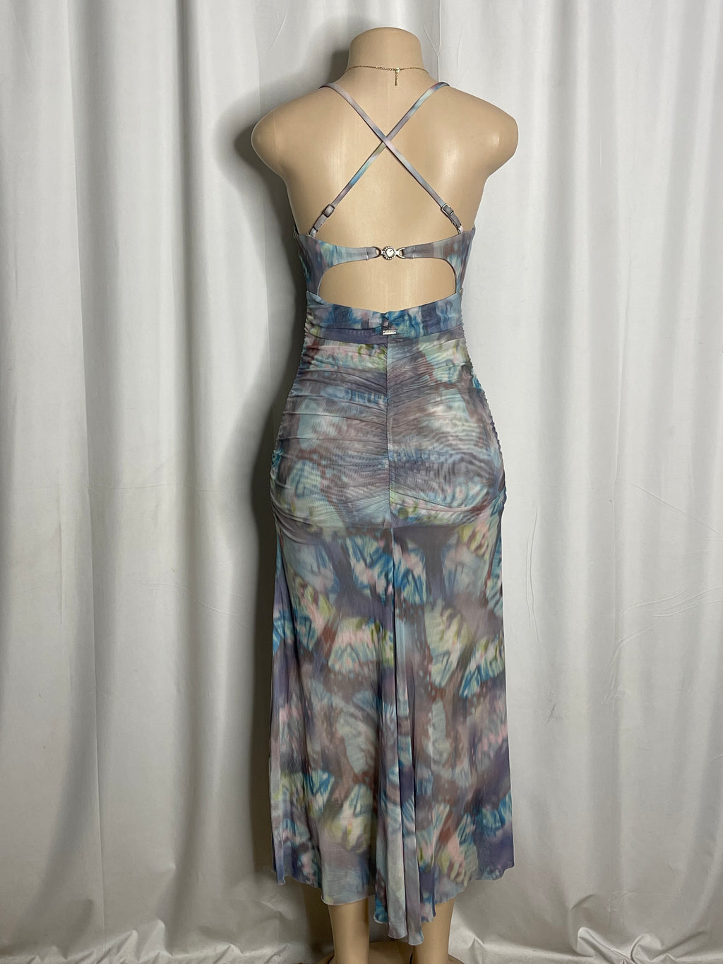 Maxi dress in the blue butterfly blur print, spaghetti straps and cut out detail
