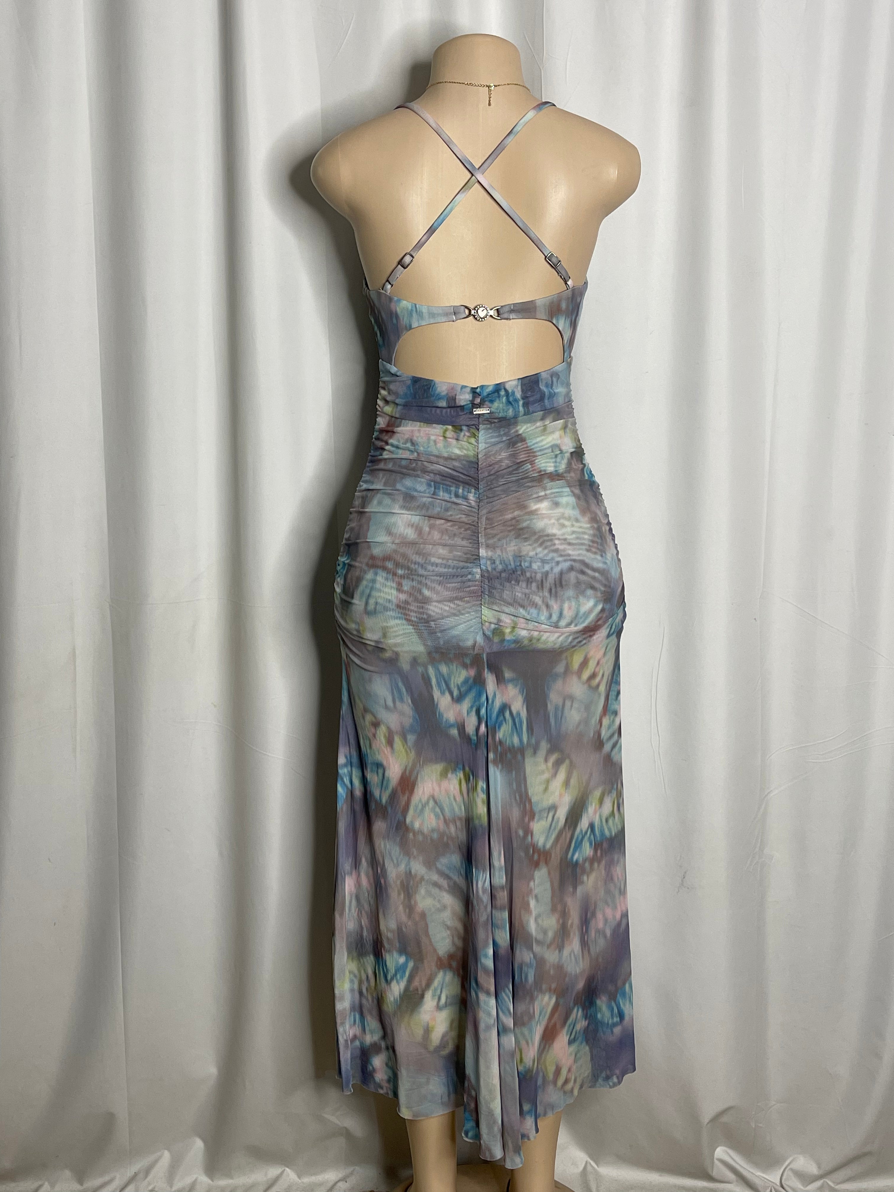 Maxi dress in the blue butterfly blur print, spaghetti straps and cut out detail
