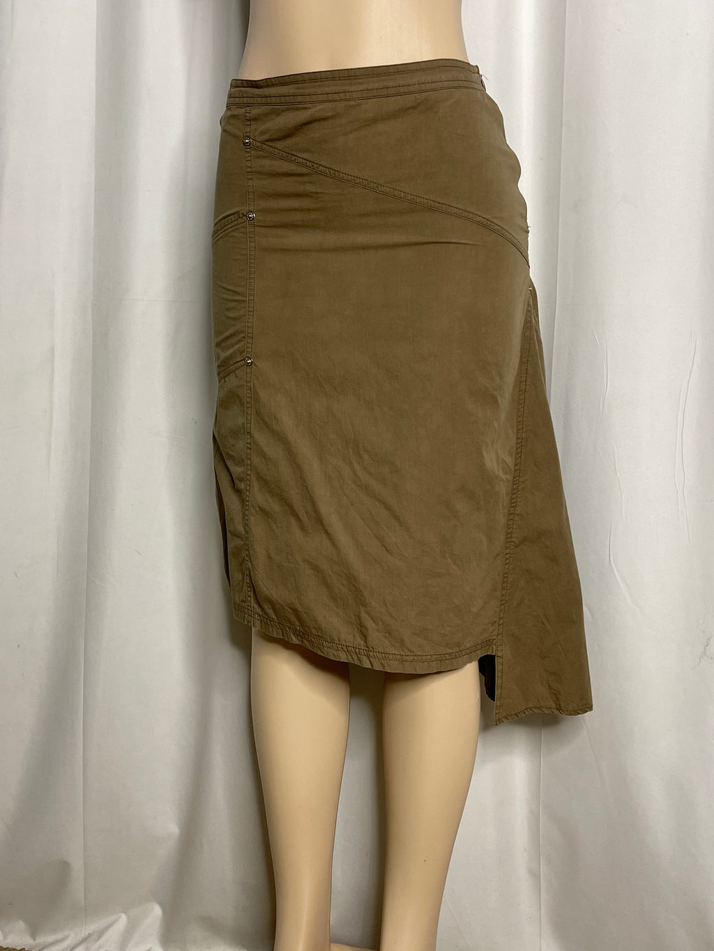 Olive green knee length cargo-style asymmetrical skirt