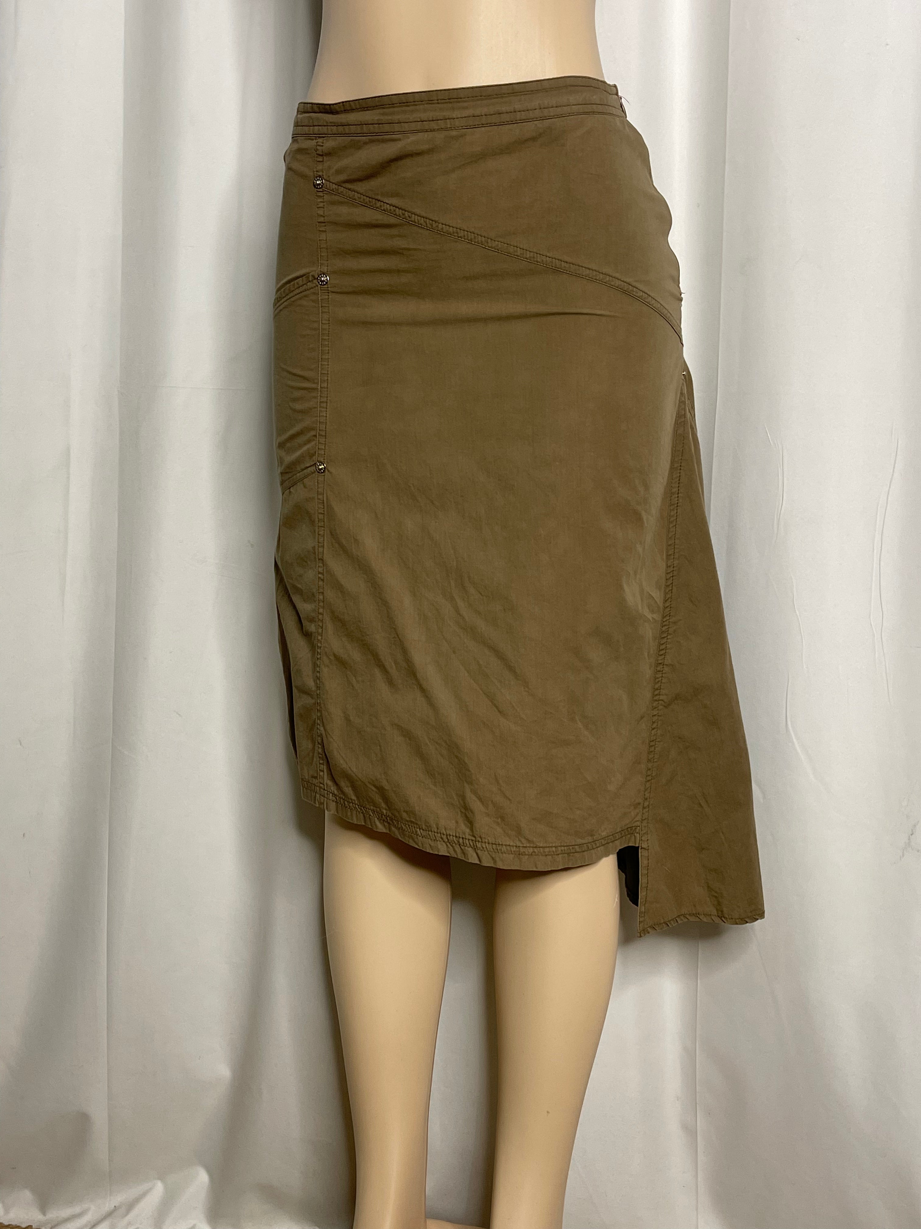 Olive green knee length cargo-style asymmetrical skirt