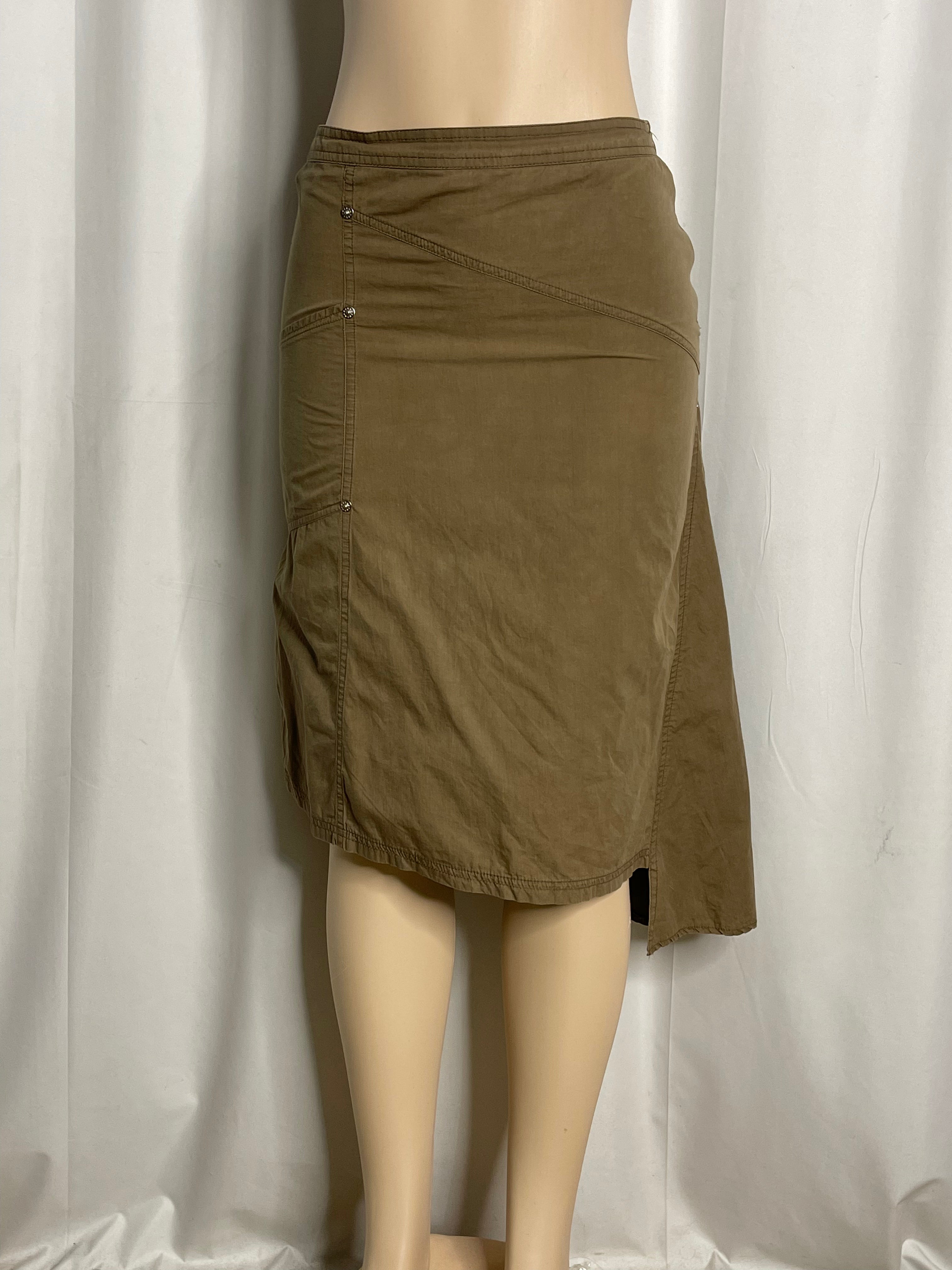 Olive green knee length cargo-style asymmetrical skirt
