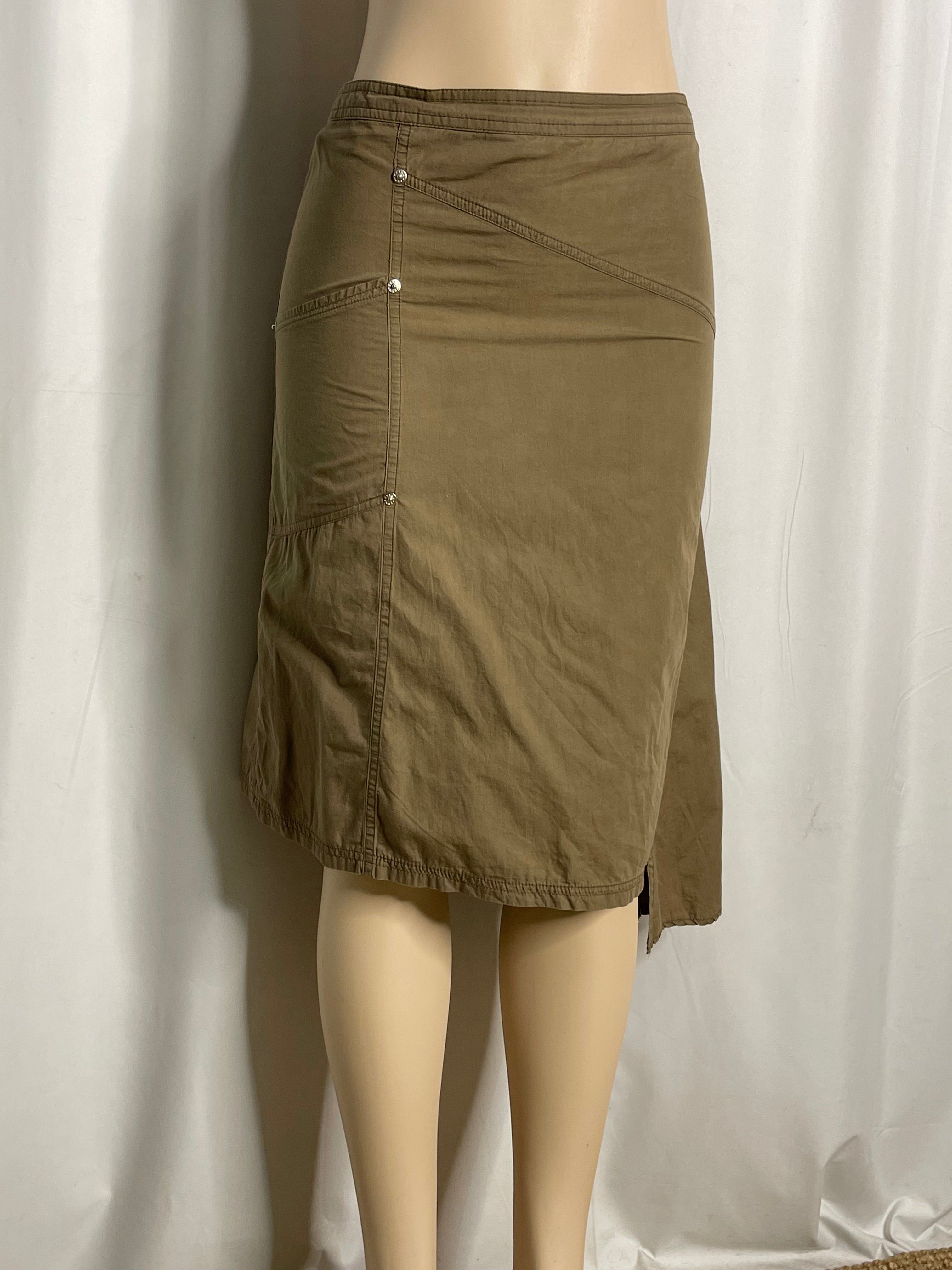 Olive green knee length cargo-style asymmetrical skirt