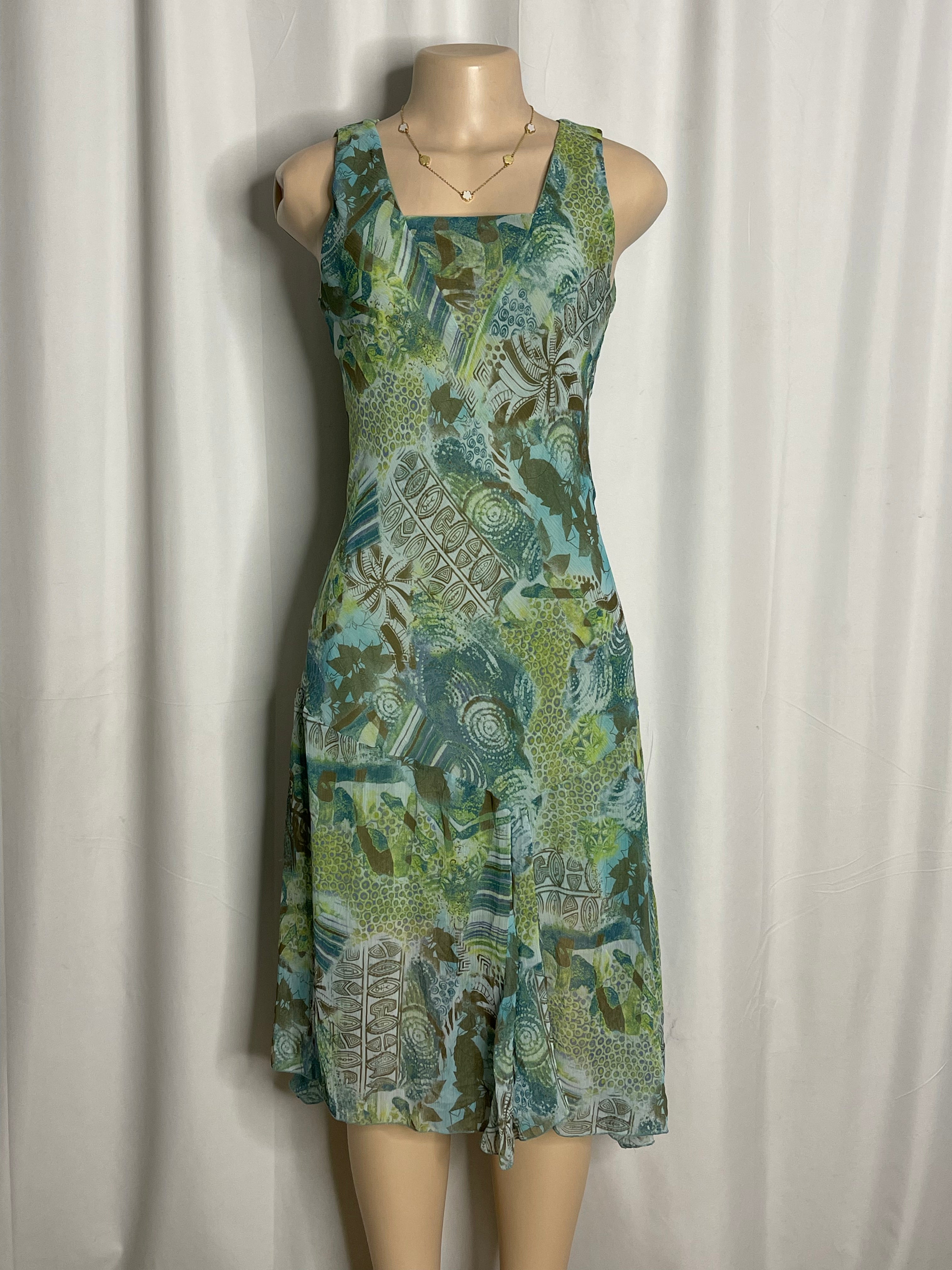 Knee length sleeveless summer dress green and blue pattern design