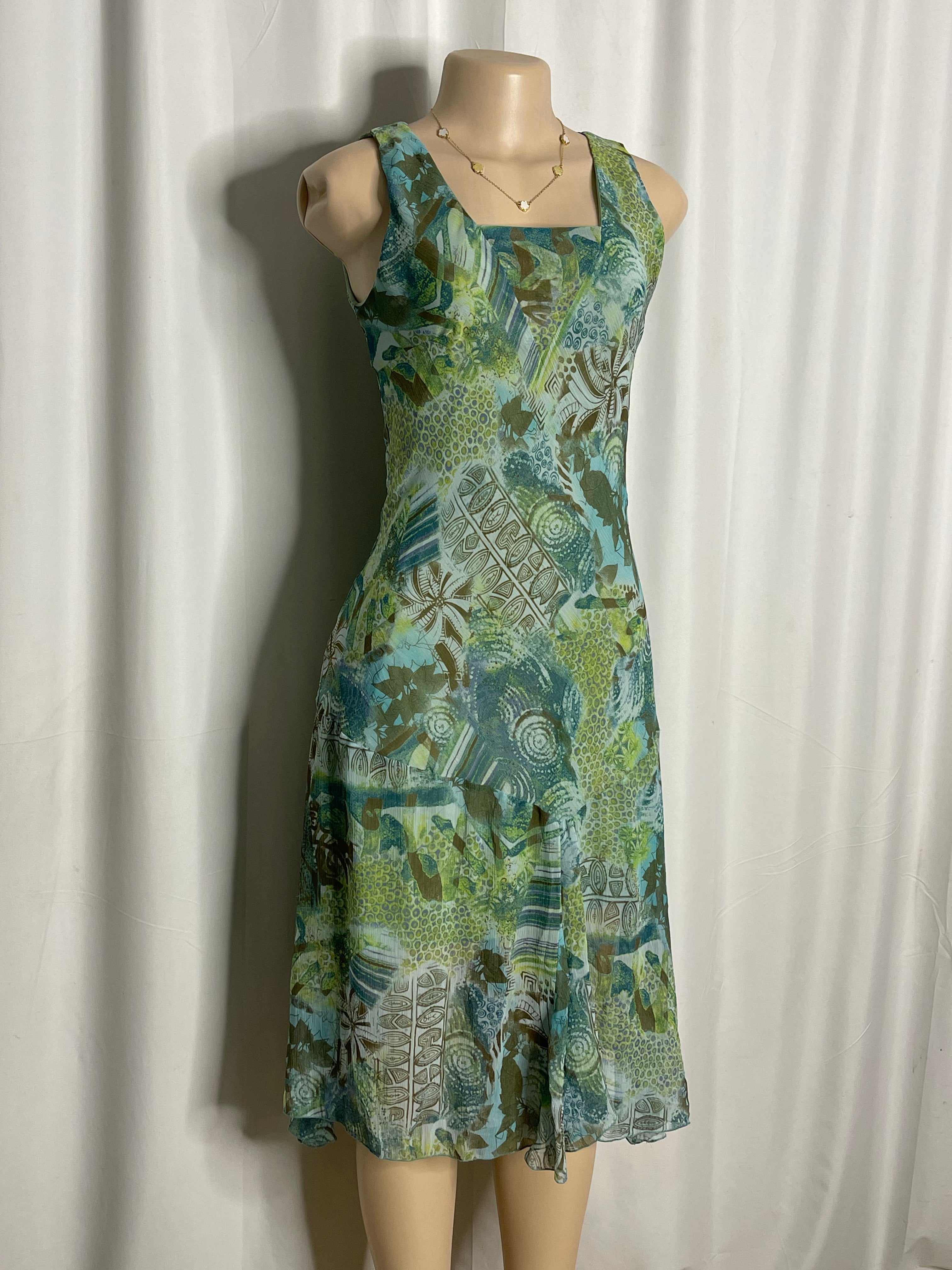 Knee length sleeveless summer dress green and blue pattern design