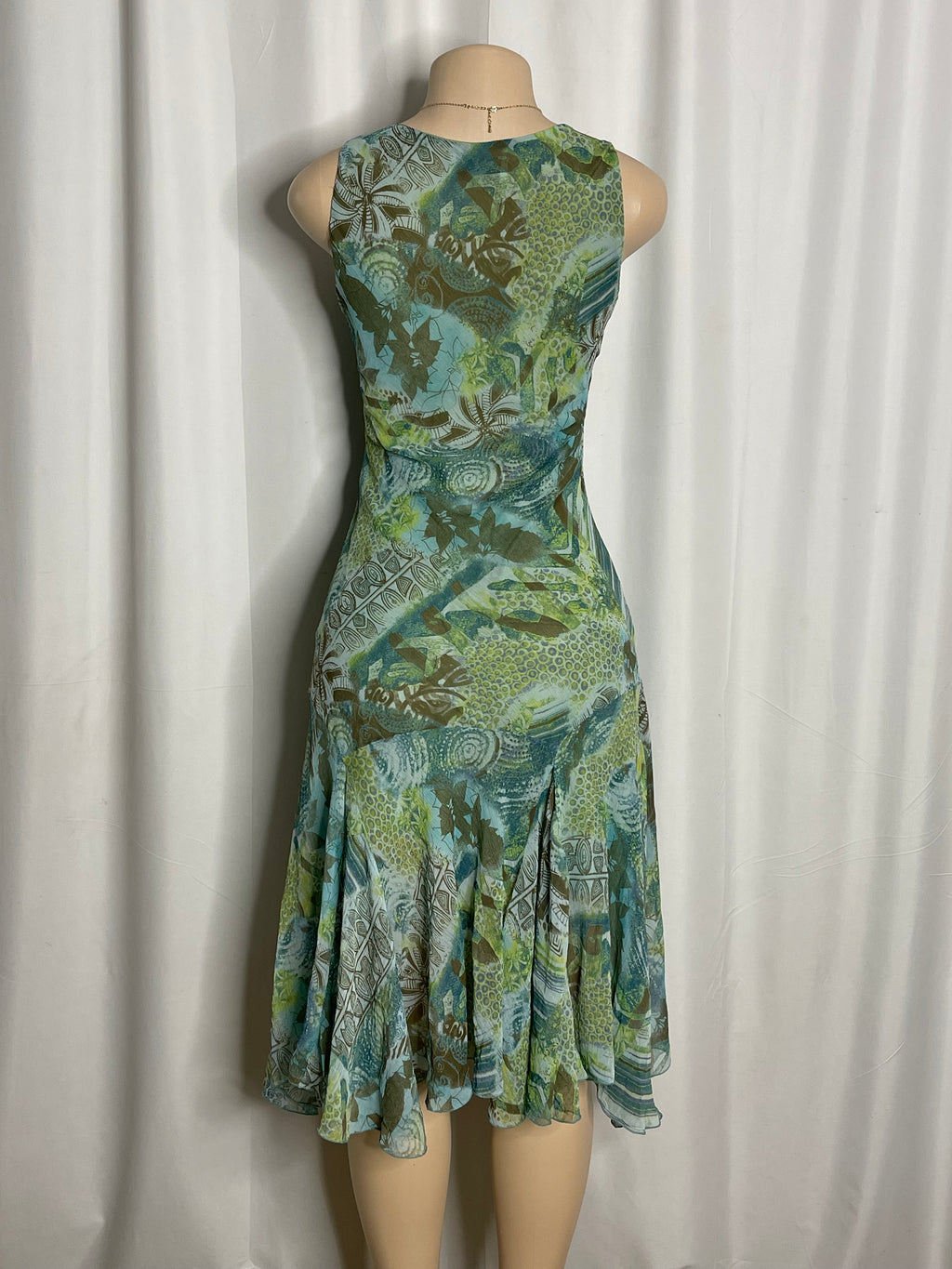 Knee length sleeveless summer dress green and blue pattern design
