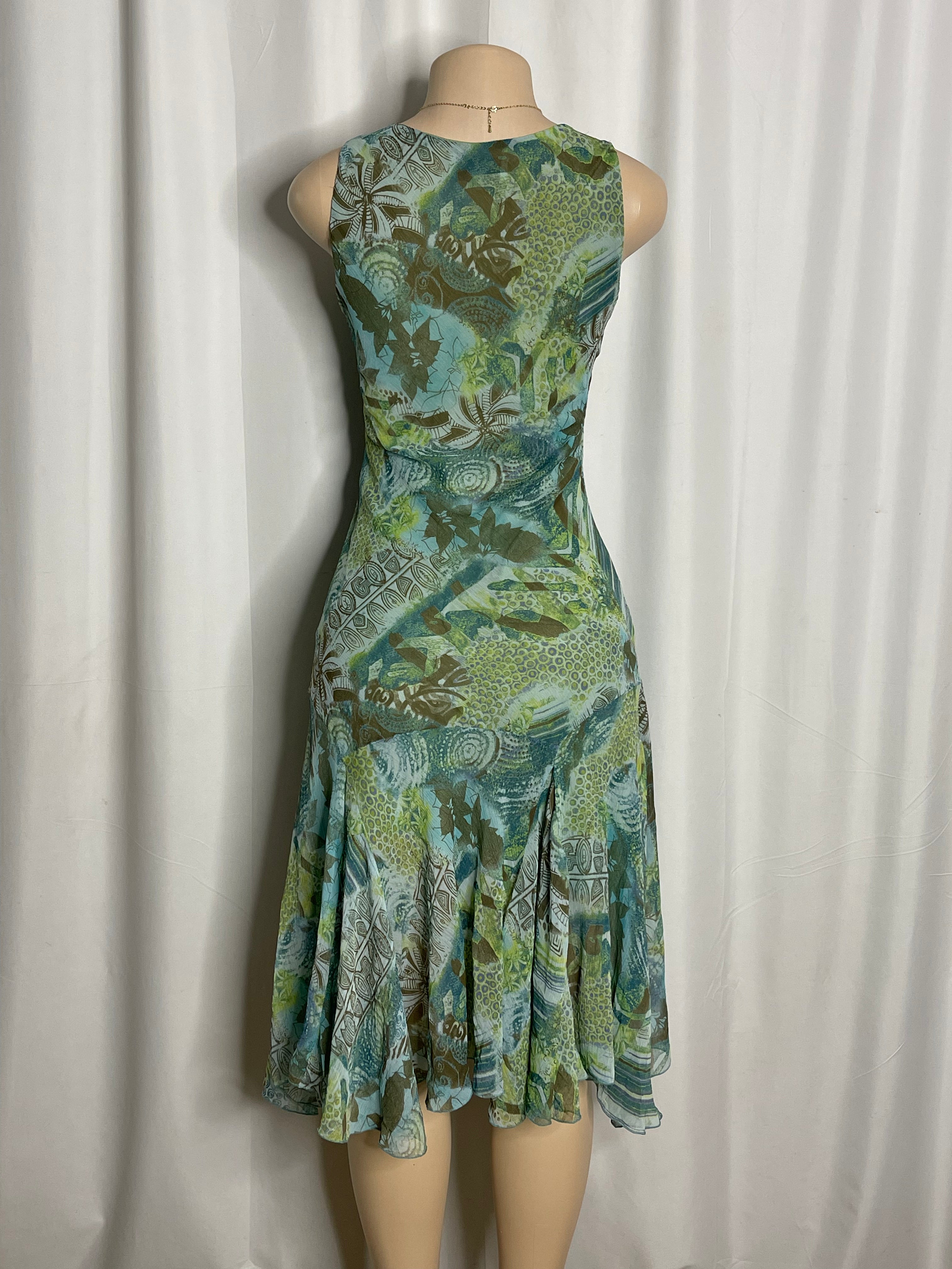 Knee length sleeveless summer dress green and blue pattern design