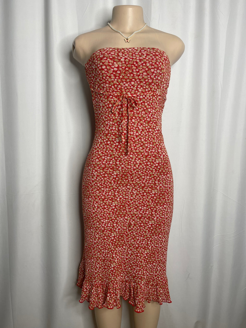 Floral tube midi dress ruffled hem