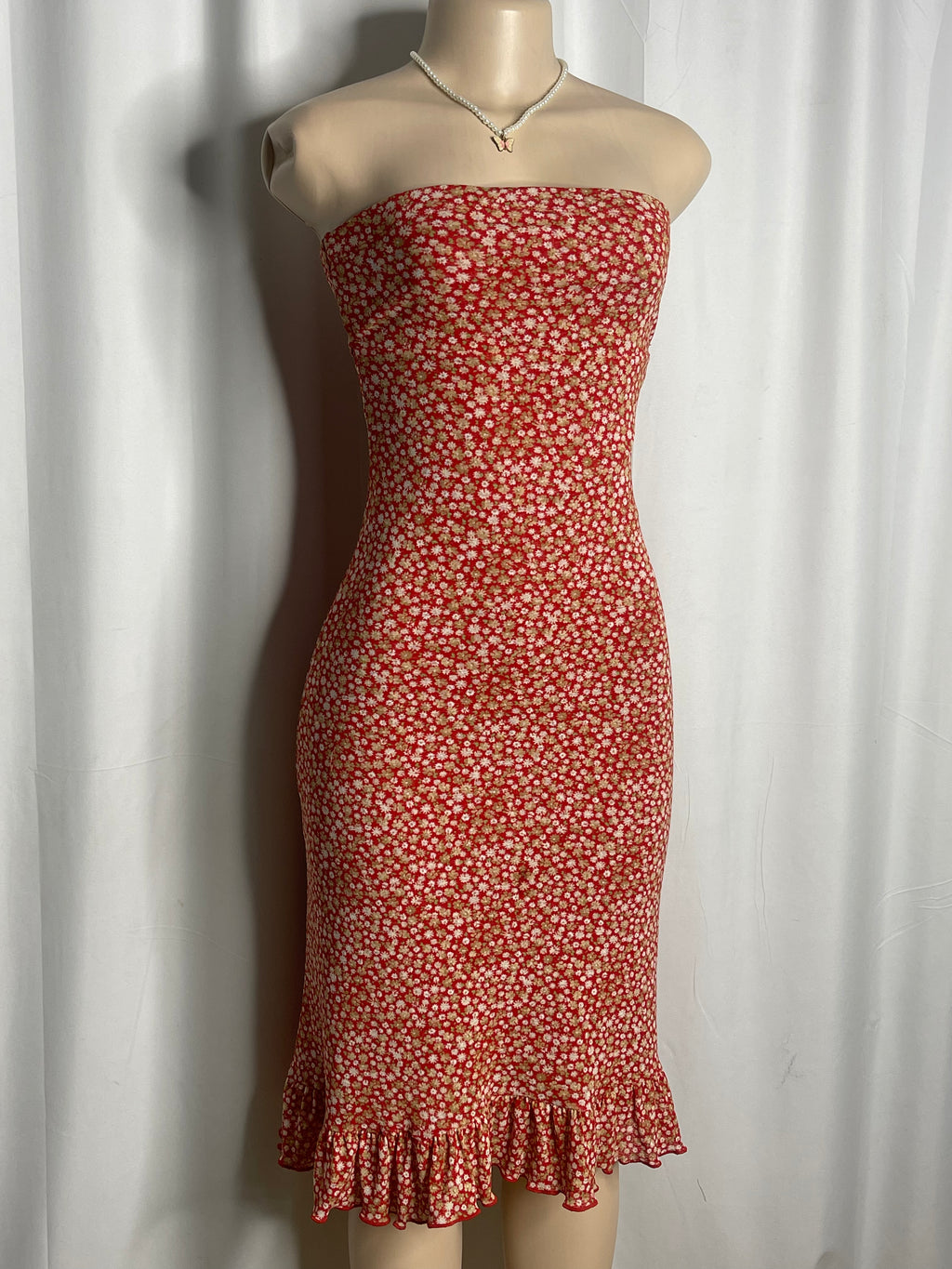 Floral tube midi dress ruffled hem