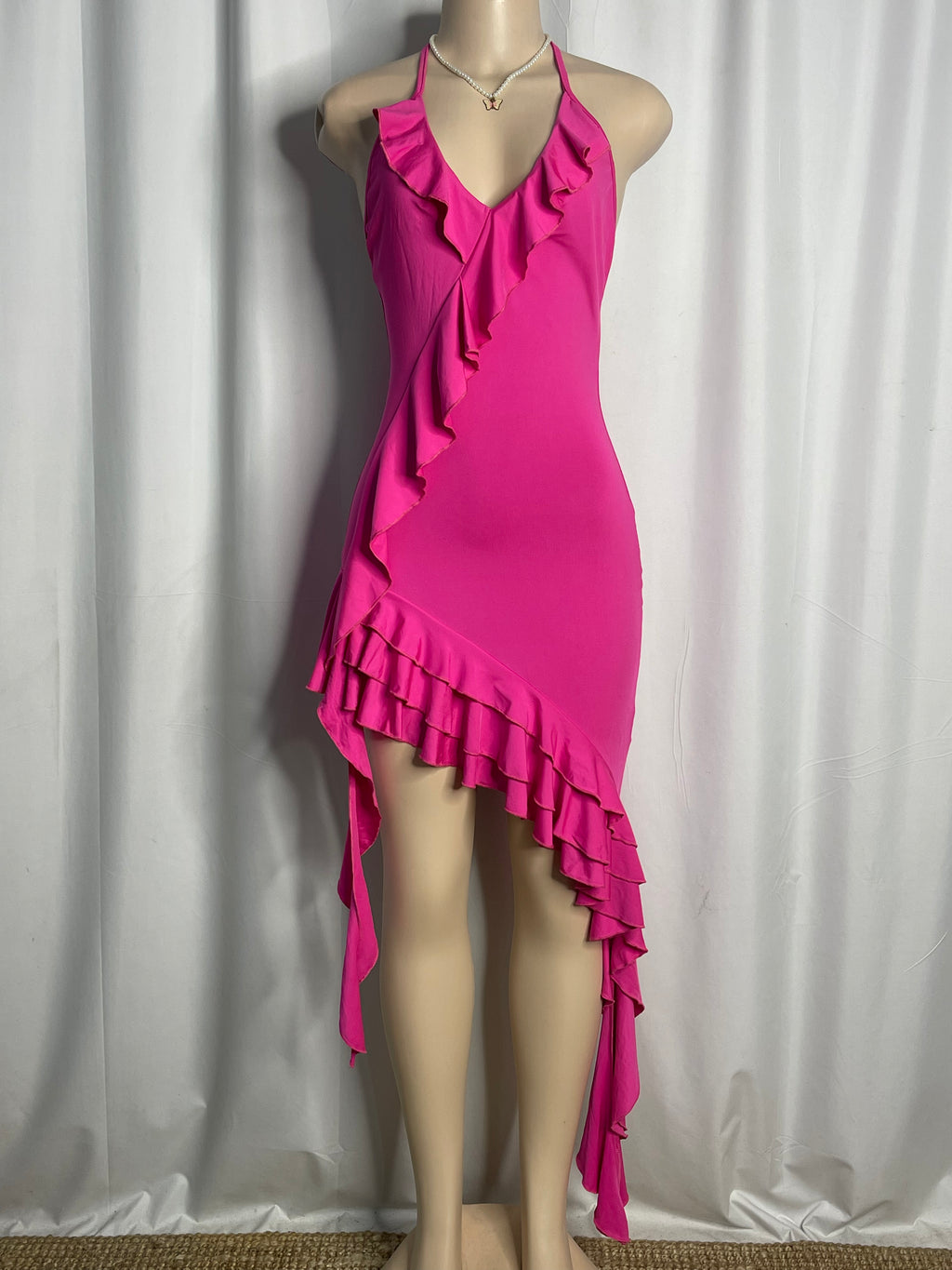 Hot Pink Ruffled Trim Along the Neckline and Asymmetrical Hem