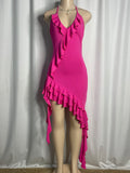 Hot Pink Ruffled Trim Along the Neckline and Asymmetrical Hem