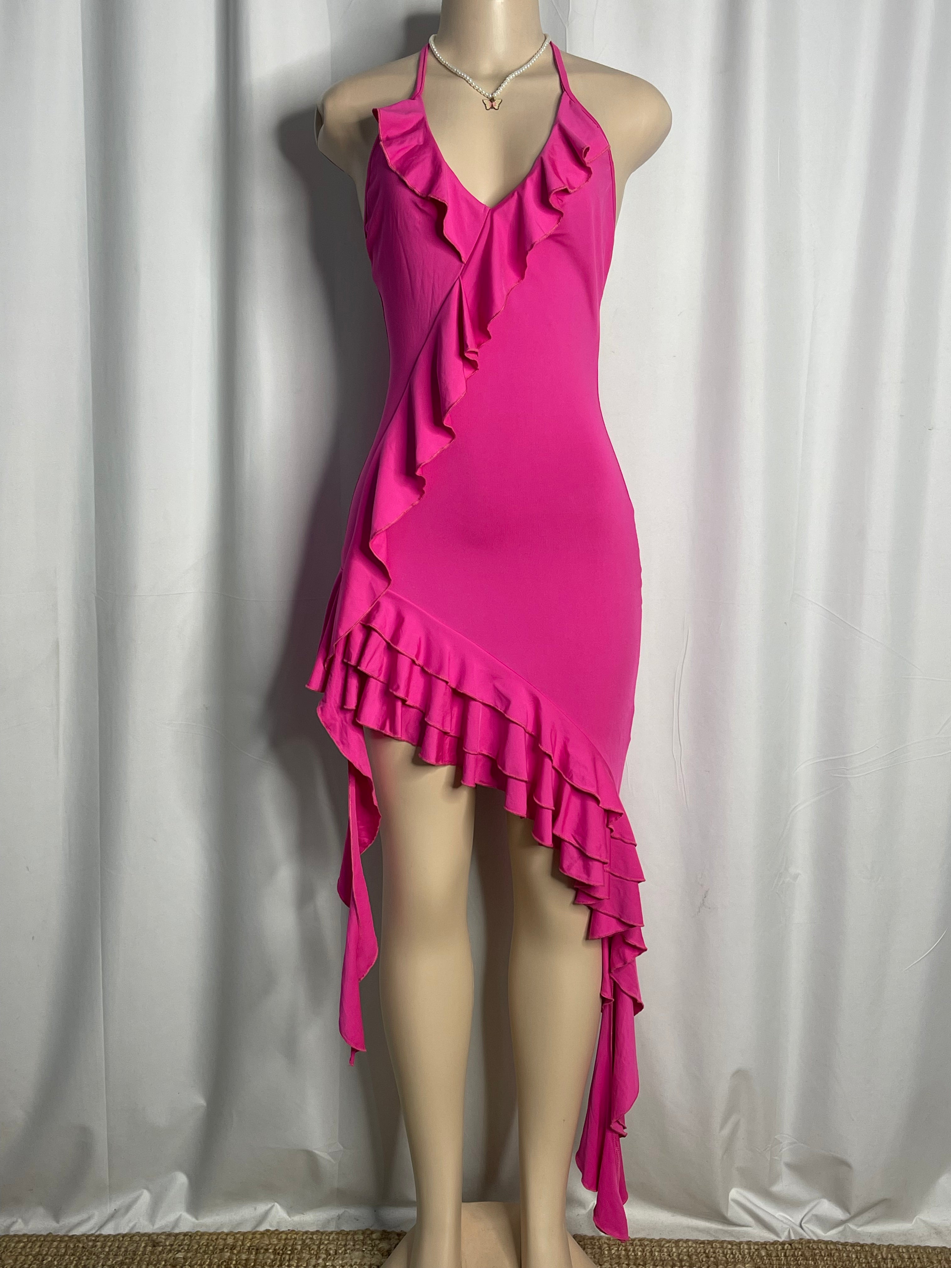 Hot Pink Ruffled Trim Along the Neckline and Asymmetrical Hem