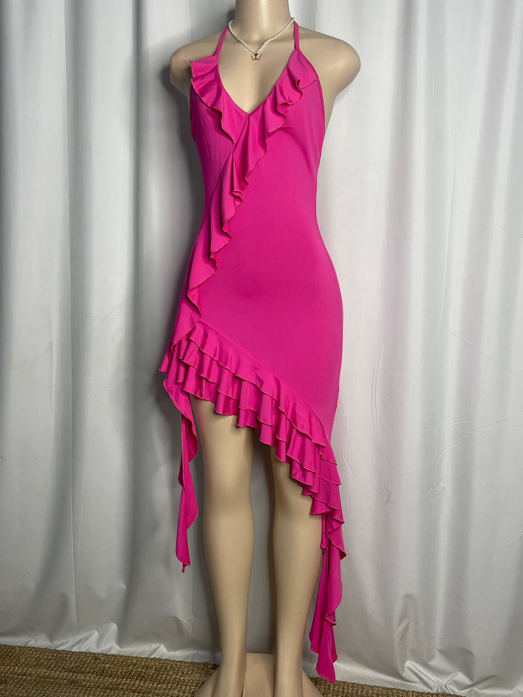 Hot Pink Ruffled Trim Along the Neckline and Asymmetrical Hem