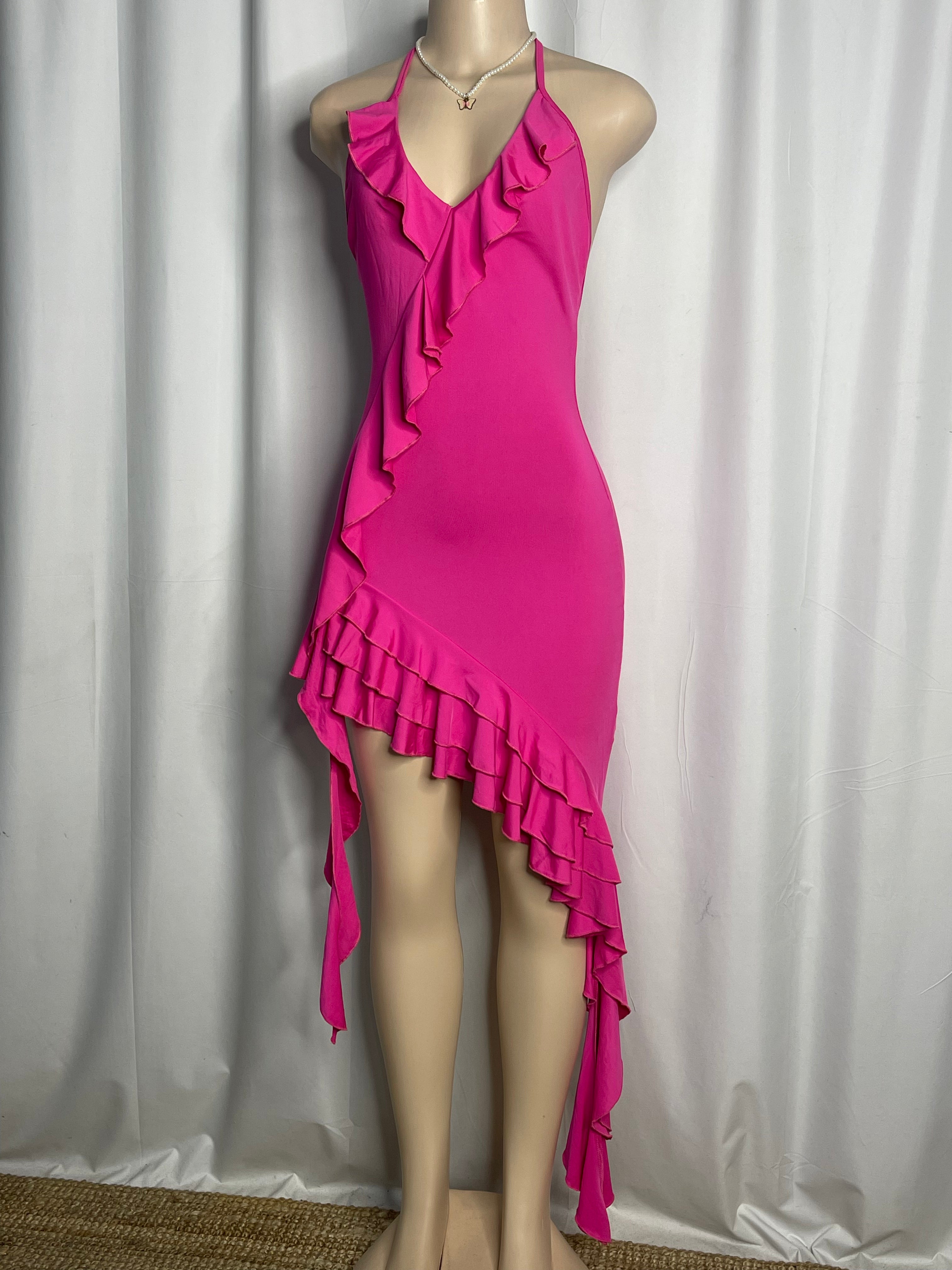 Hot Pink Ruffled Trim Along the Neckline and Asymmetrical Hem