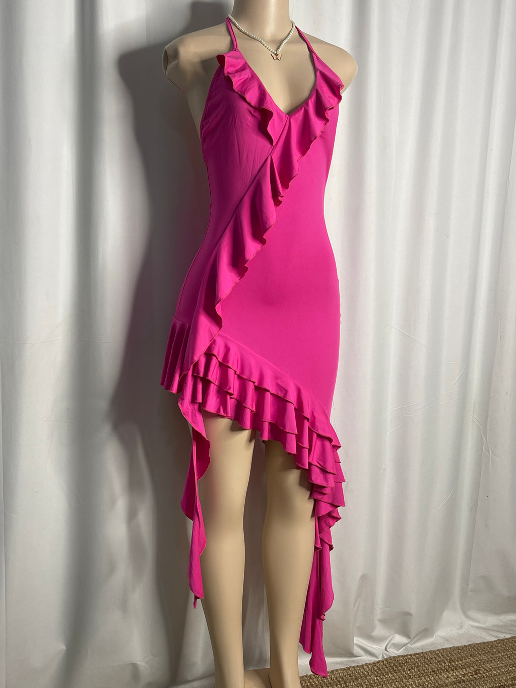 Hot Pink Ruffled Trim Along the Neckline and Asymmetrical Hem