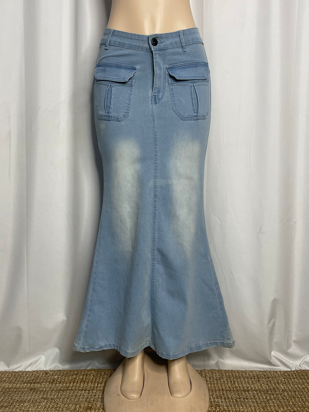 Denim Light Washed Mermaid Skirt with Cargo Pockets