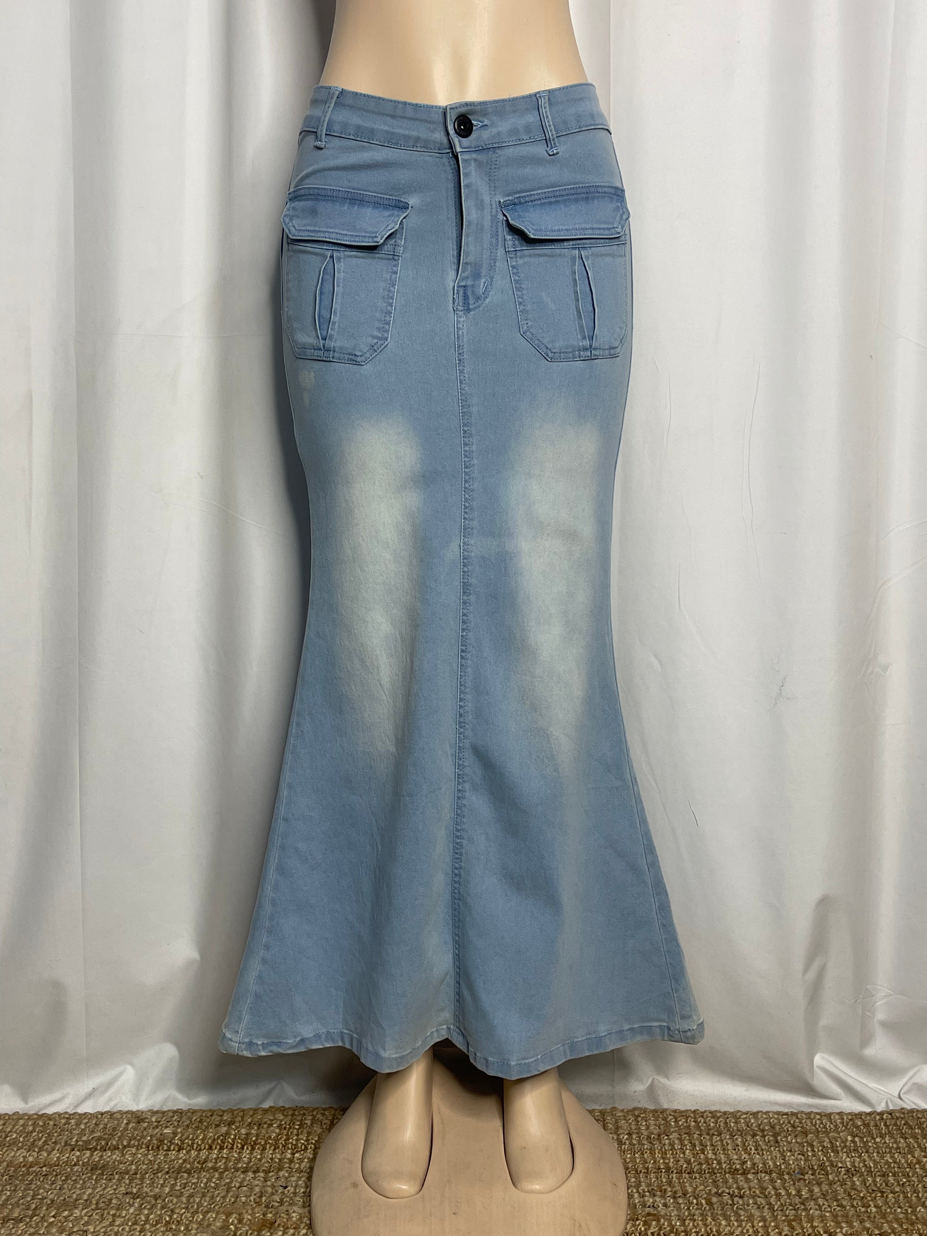 Denim Light Washed Mermaid Skirt with Cargo Pockets