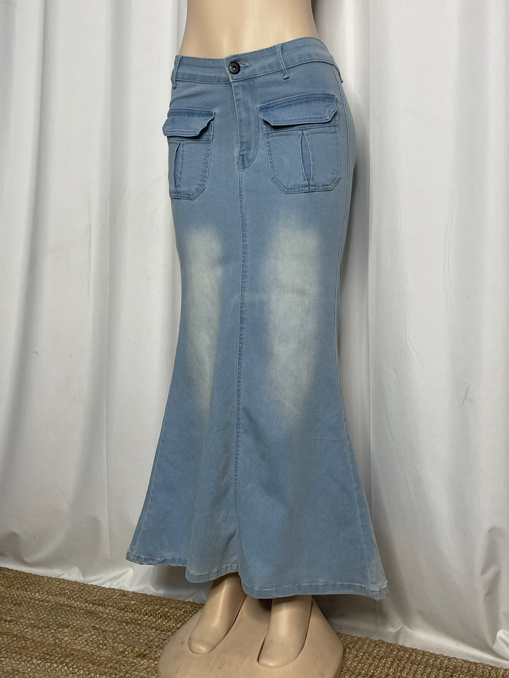 Denim Light Washed Mermaid Skirt with Cargo Pockets