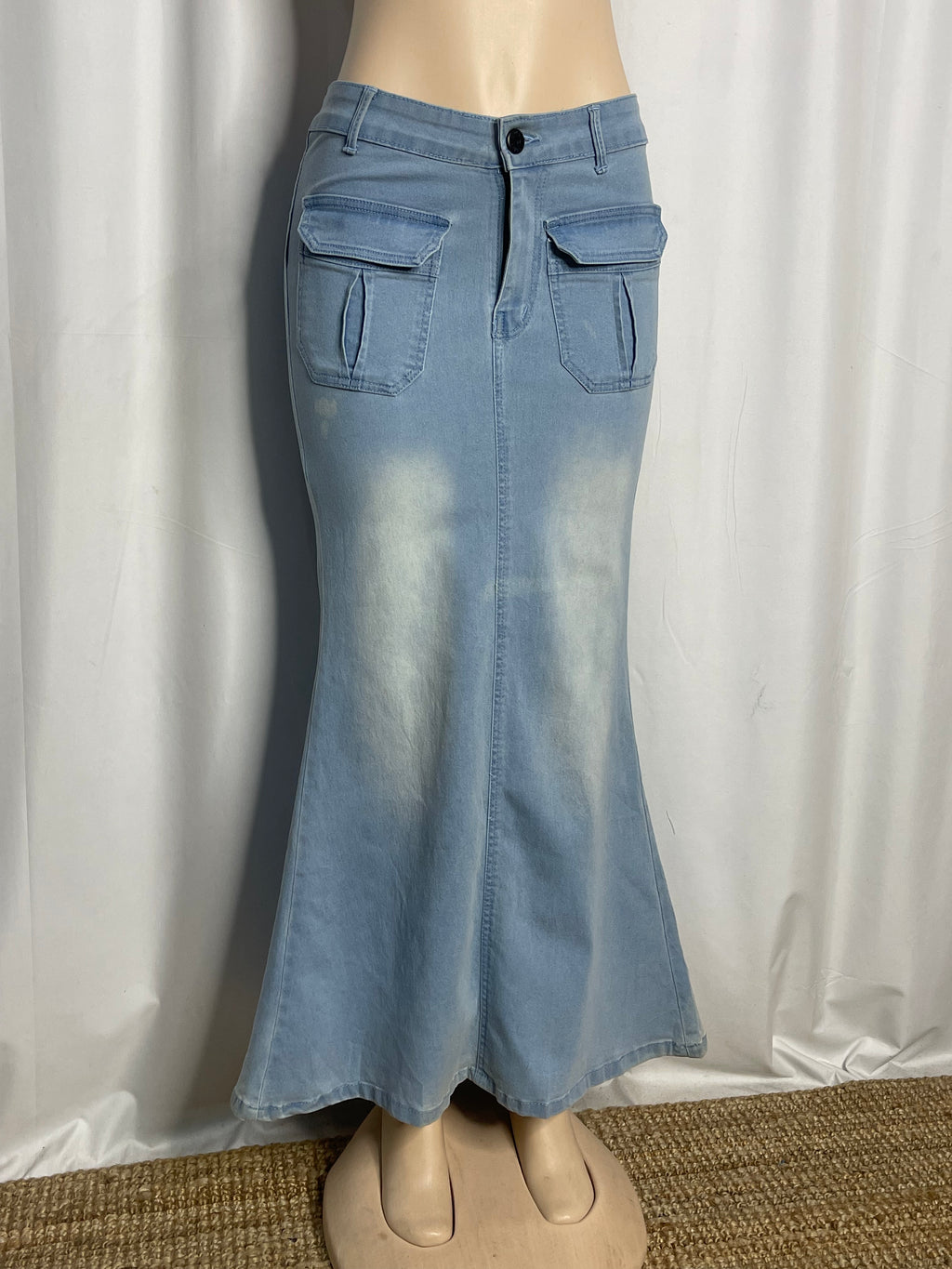 Denim Light Washed Mermaid Skirt with Cargo Pockets