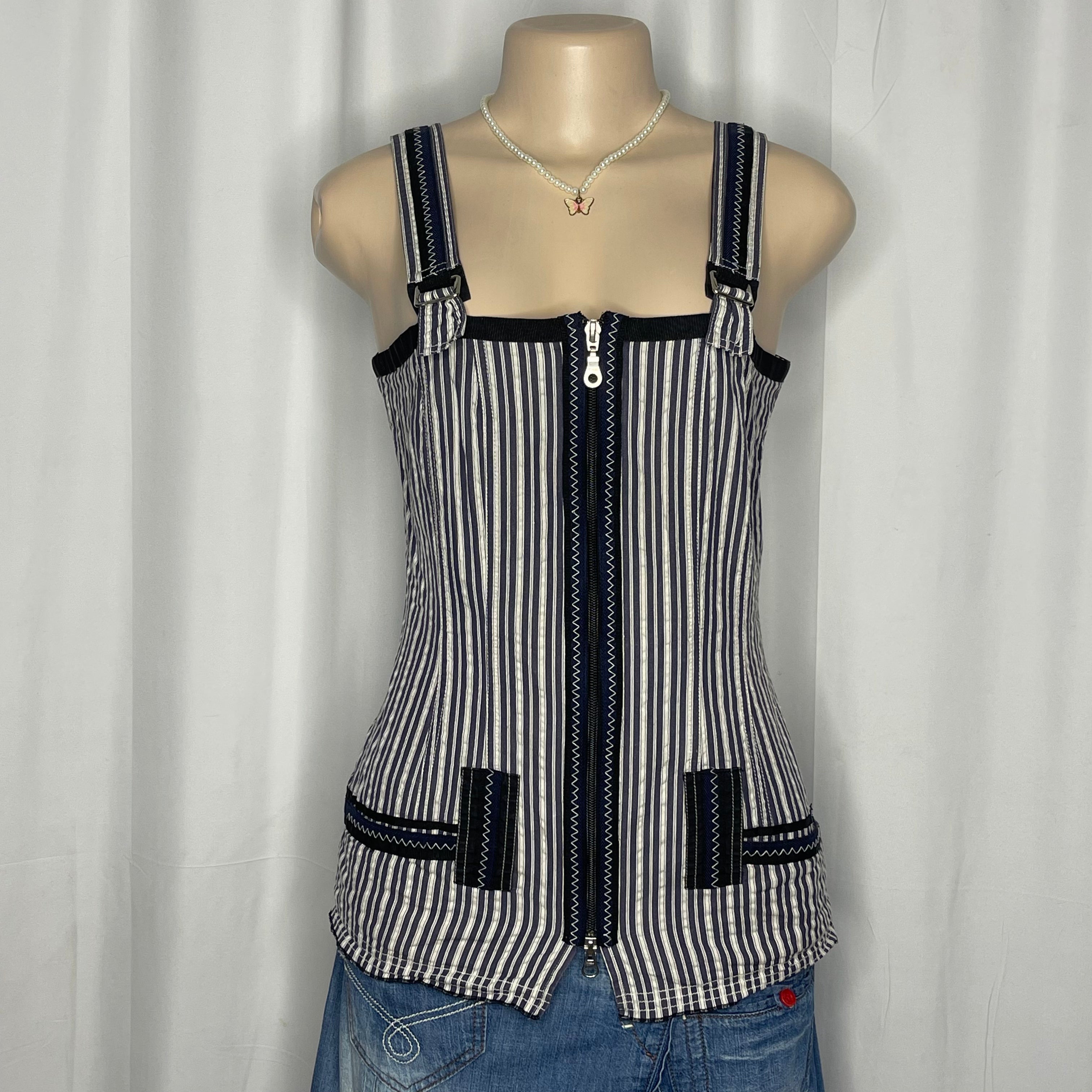 Blue And White Striped Pattern and Central Zipper Closure