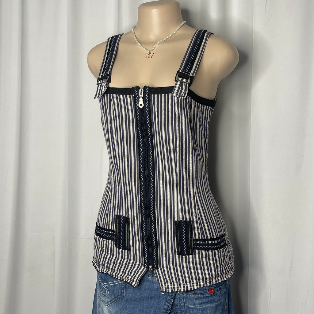 Blue And White Striped Pattern and Central Zipper Closure