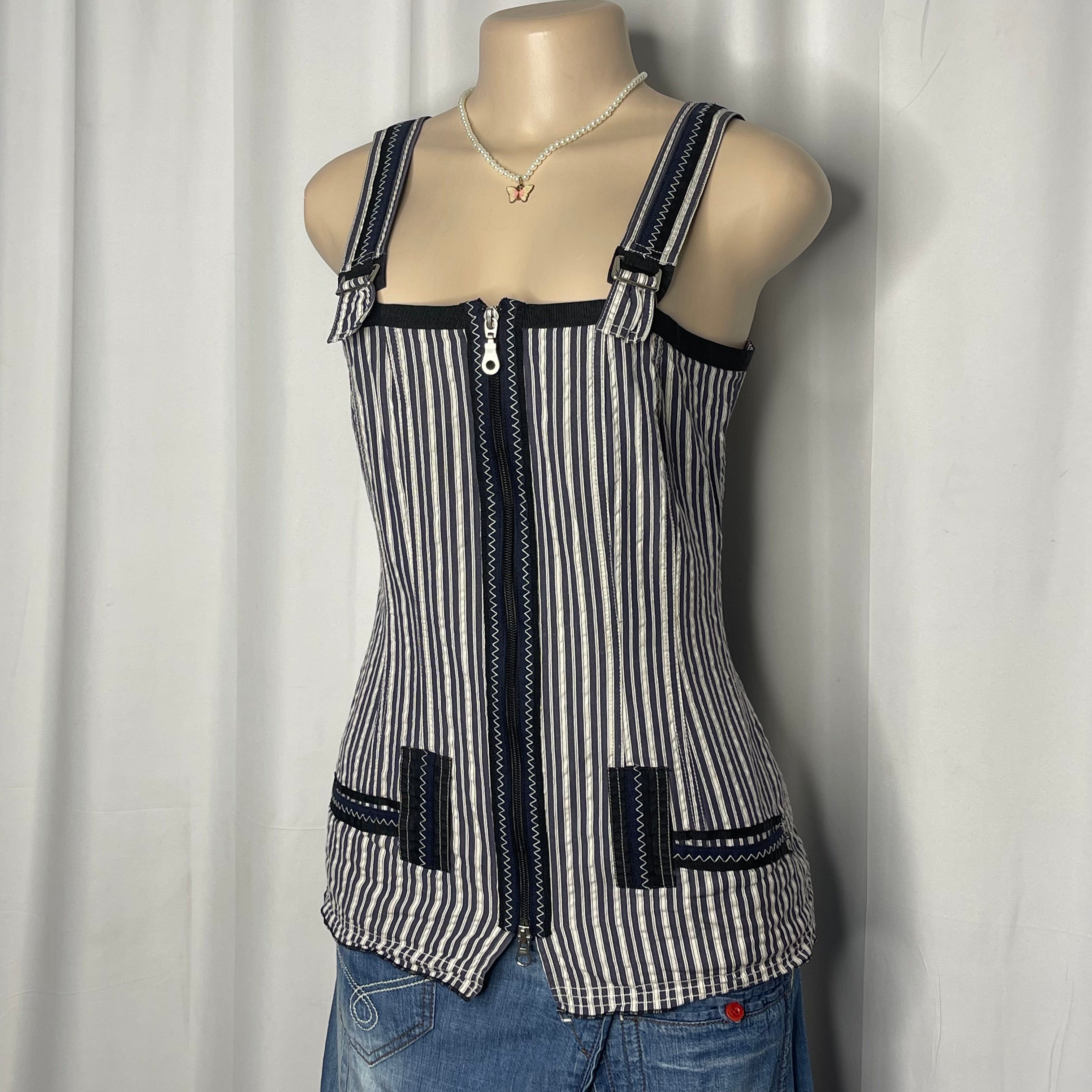 Blue And White Striped Pattern and Central Zipper Closure