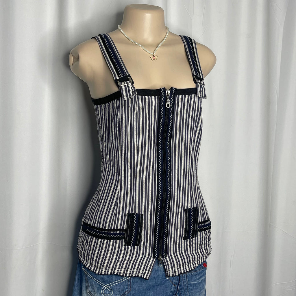 Blue And White Striped Pattern and Central Zipper Closure