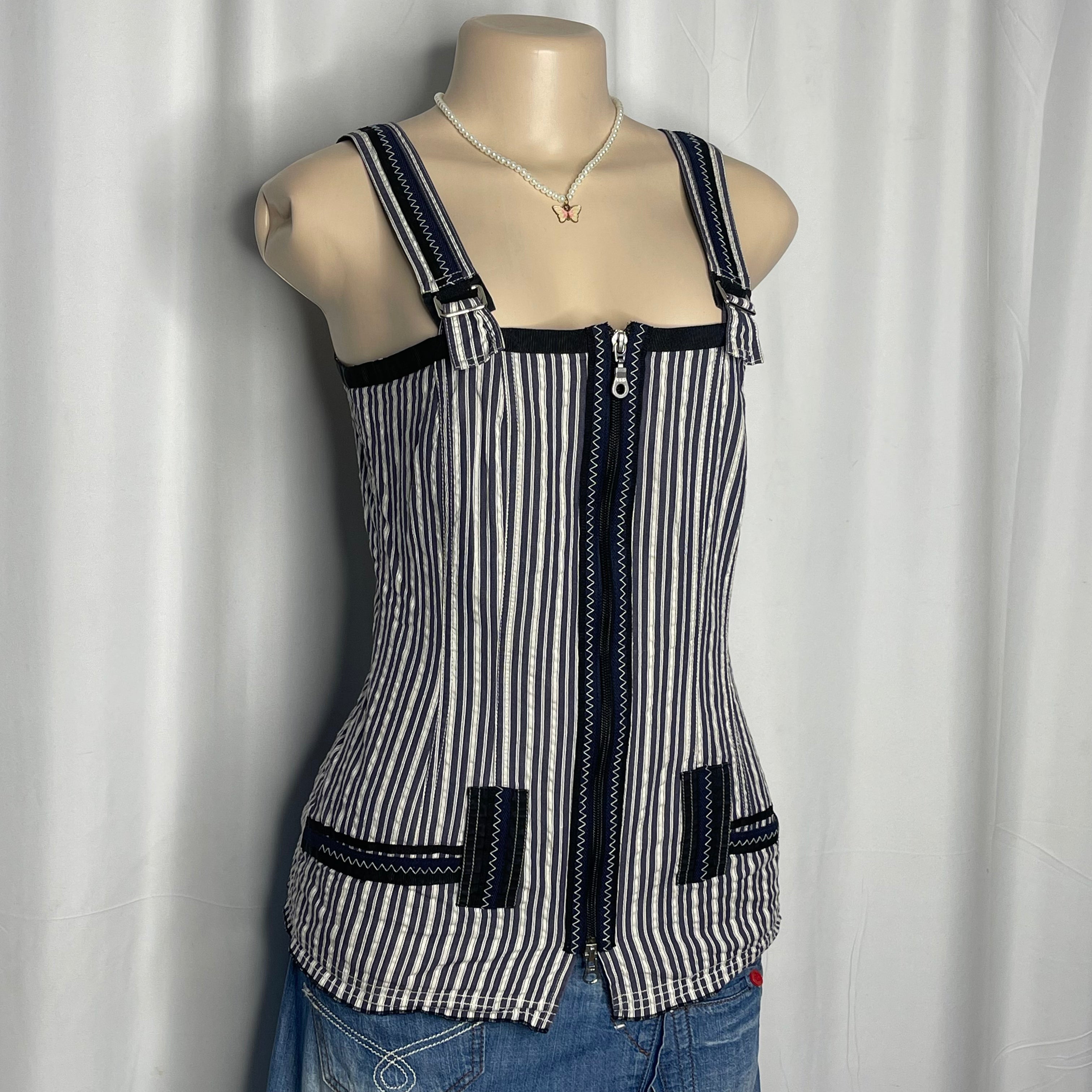 Blue And White Striped Pattern and Central Zipper Closure