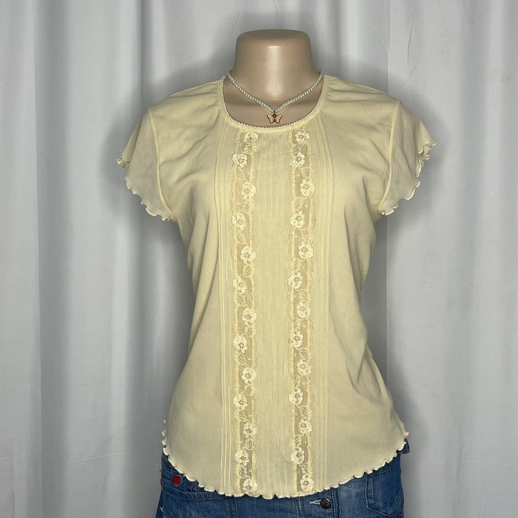Floral Lace Front Details Mesh Short Sleeves Top